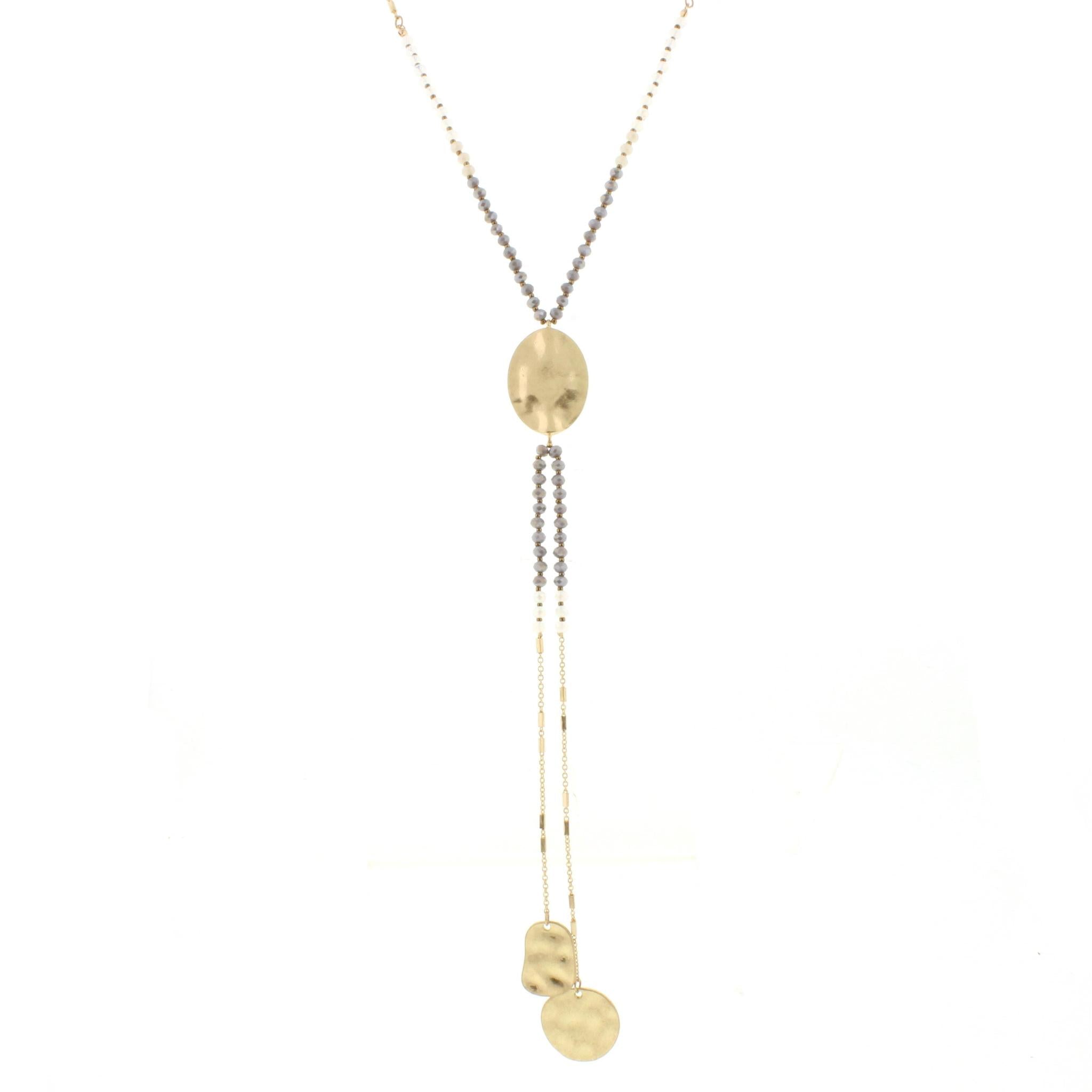 25" Grey Beaded Gold Disk Y Necklace with Two Strand Dangles