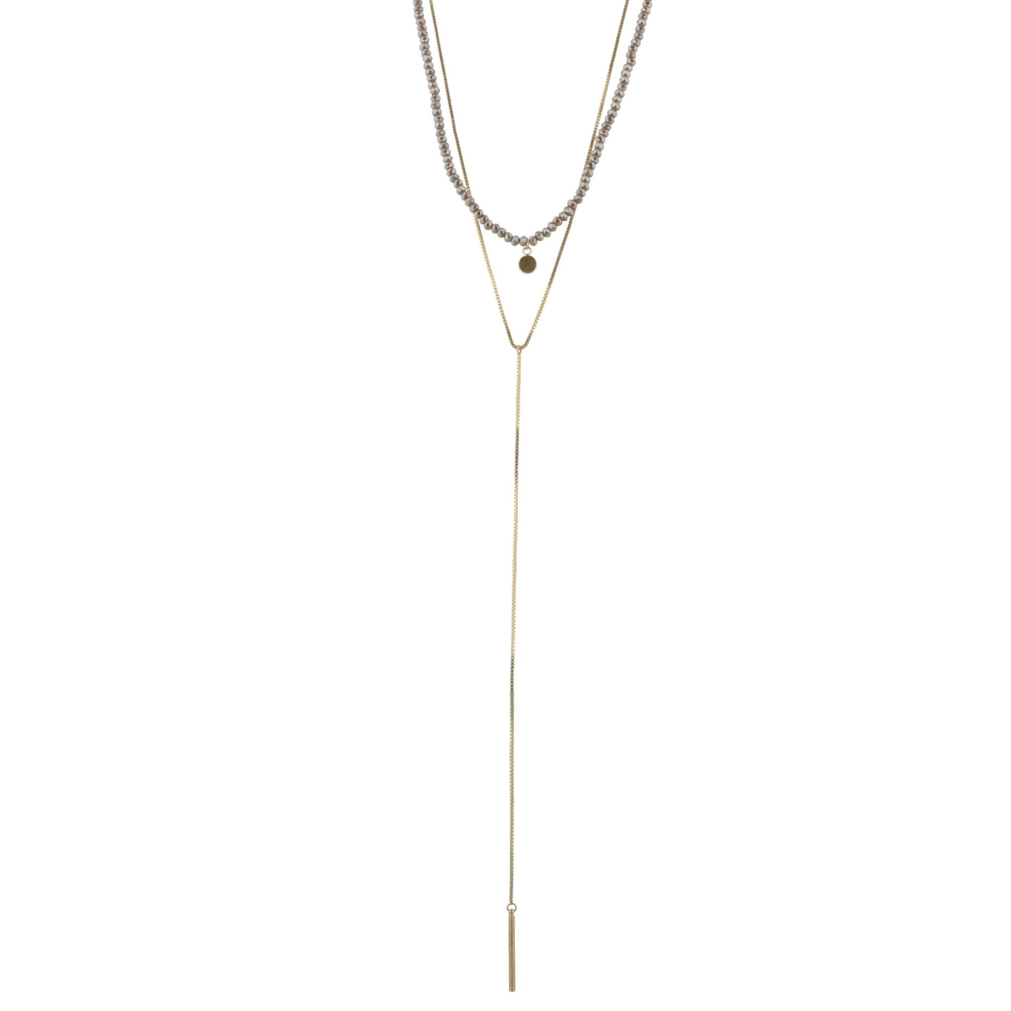 16" Greige Beaded 2 Layer Necklace with 8" Y Drop, 3" Ext