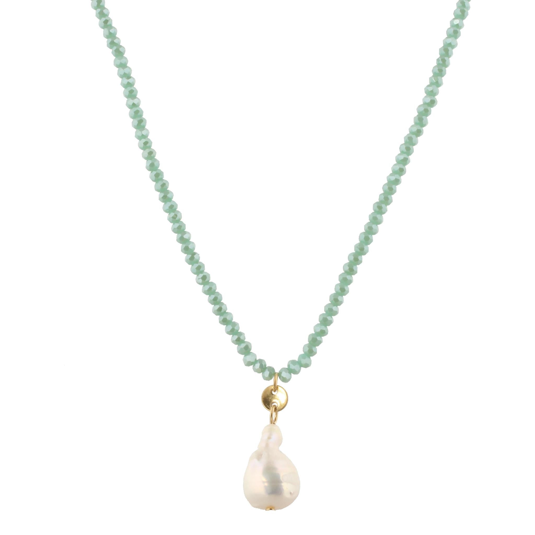 32" Green Mint Beaded Necklace with Baroque Pearl, 3" Ext