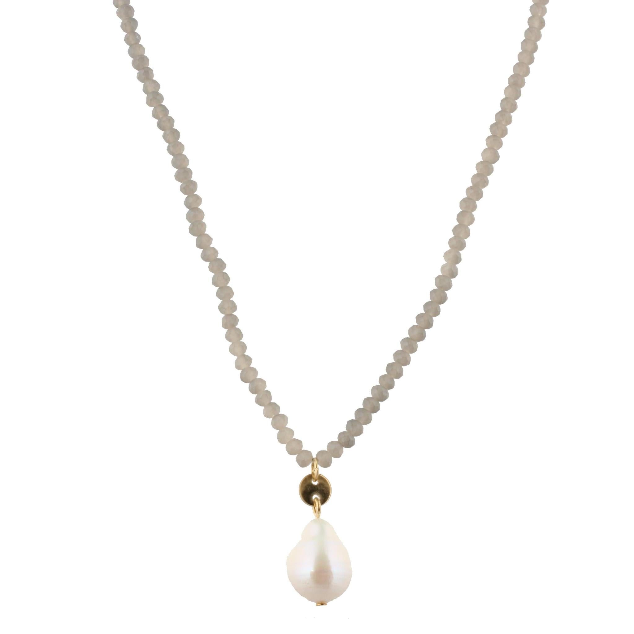 32" Matte Grey Beaded Necklace with Baroque Pearl, 3" Ext