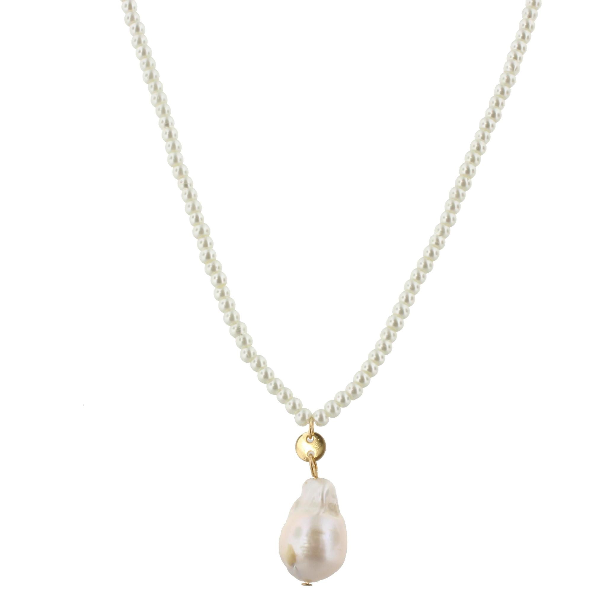 32" Pearl Beaded Necklace with Baroque Pearl, 3" Ext