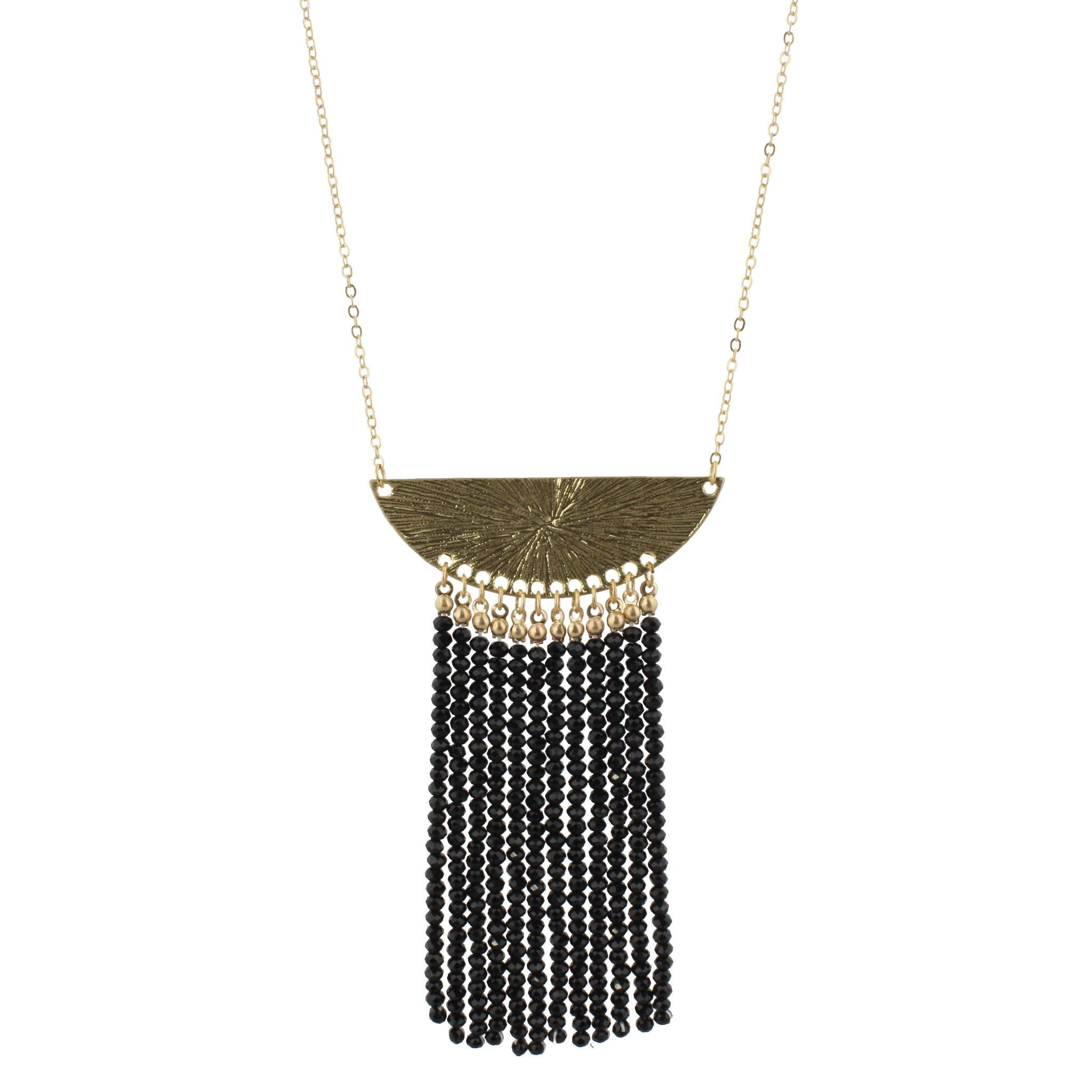 32" Gold Bib Necklace with 3.5" Jet Beaded Tassel, 3" Ext