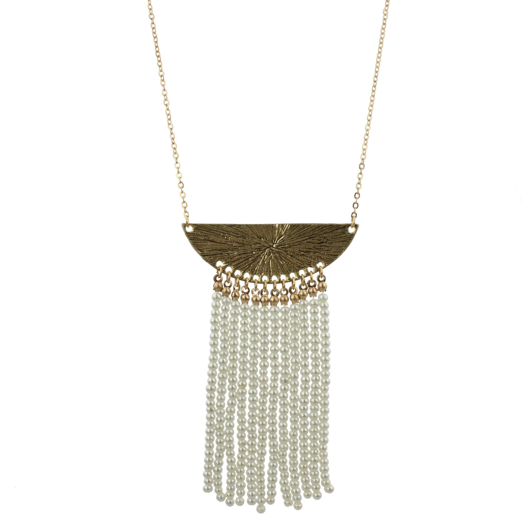 32" Gold Bib Necklace with 3.5" Pearl Beaded Tassel, 3" Ext