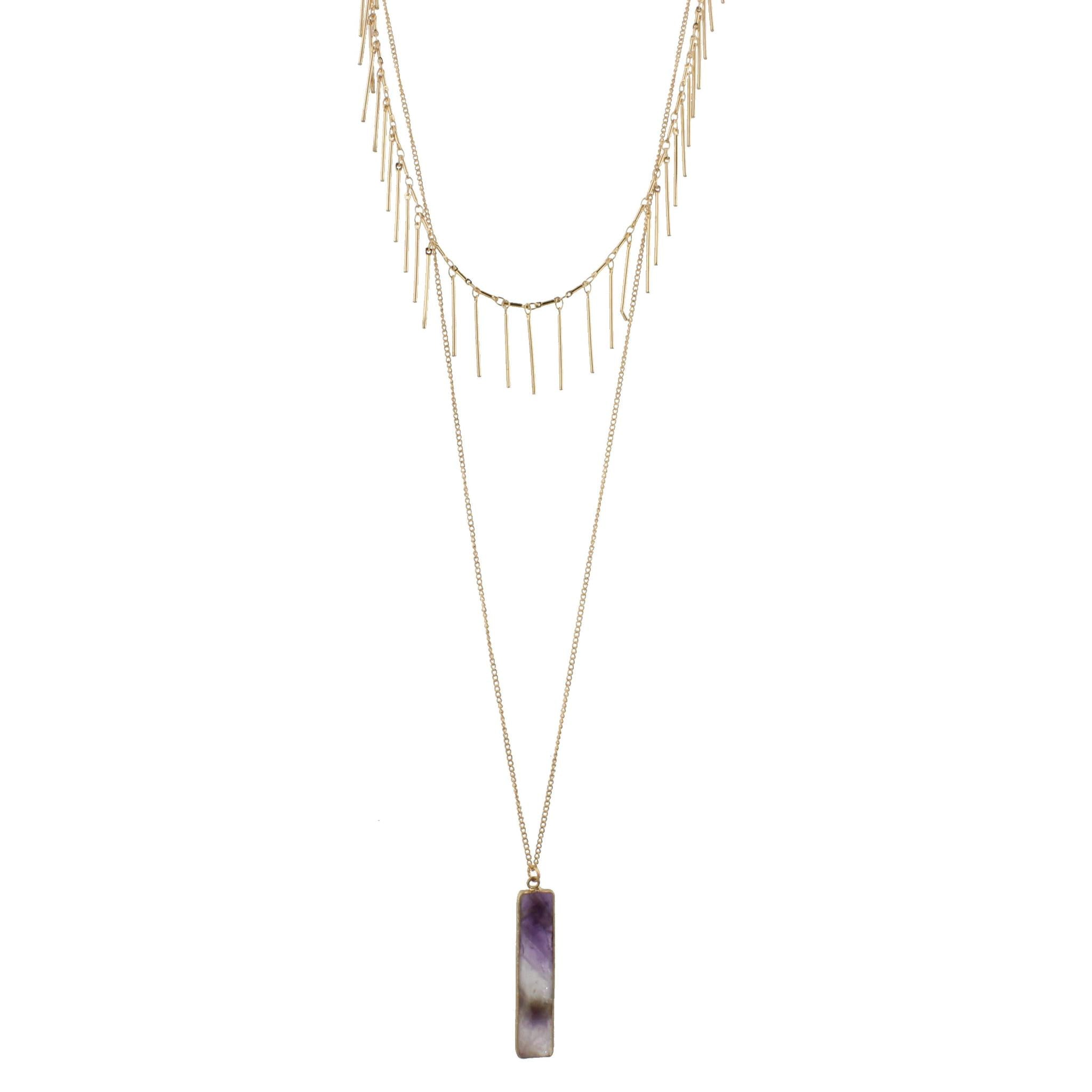 18" 30" Gold Chain Necklace with Gold Fringe Layer and Amethyst Rectangle, 3" Ext