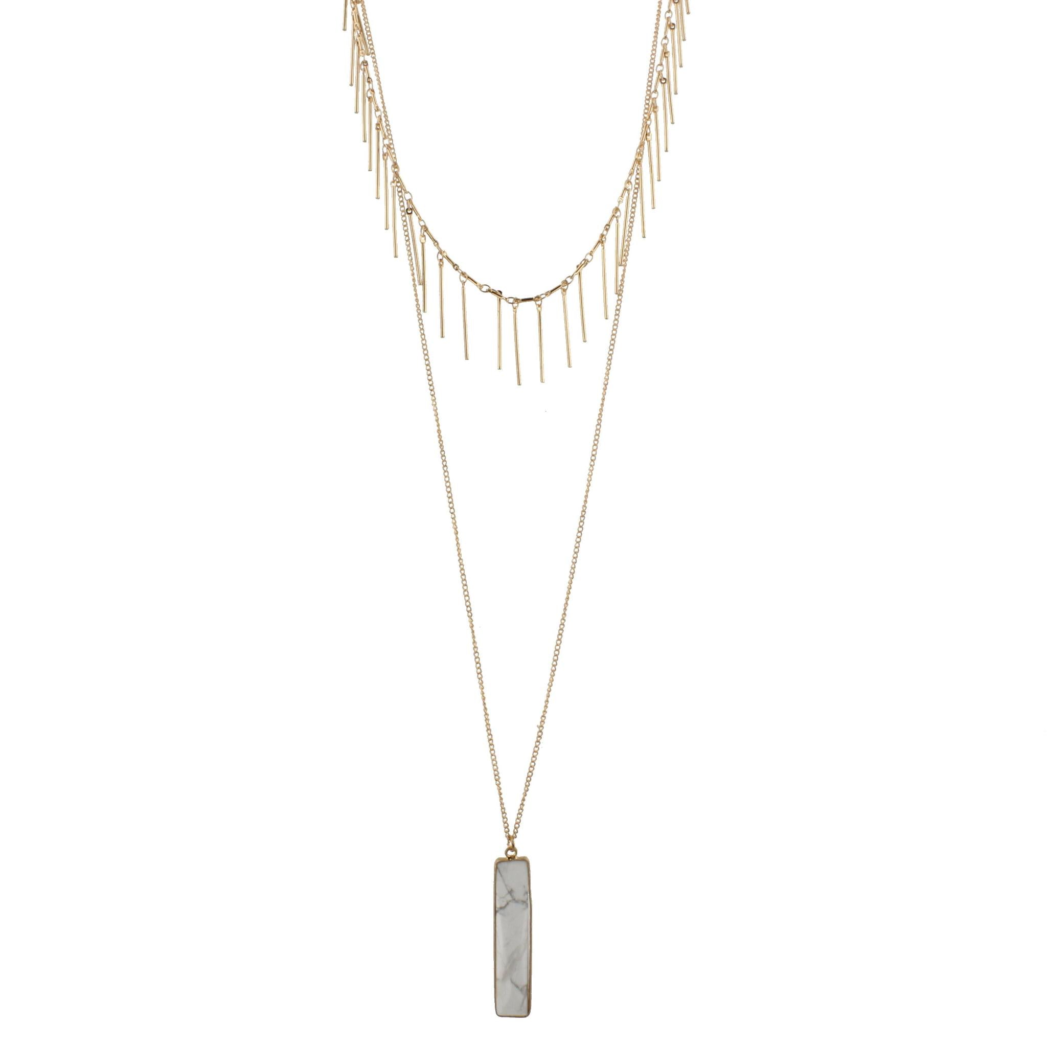 Gold Chain Necklace with Gold Fringe Layer and Howlite Rectangle, 3" Ext