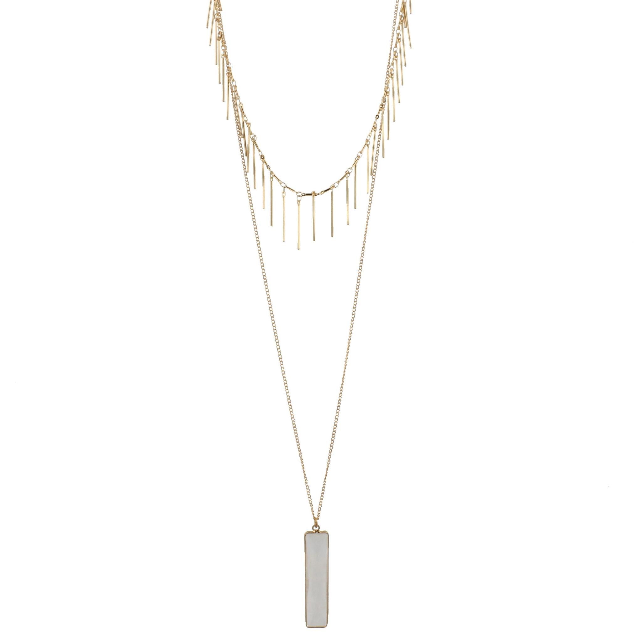 Gold Chain Necklace with Gold Fringe Layer and Clear Quartz Rectangle, 3" Ext