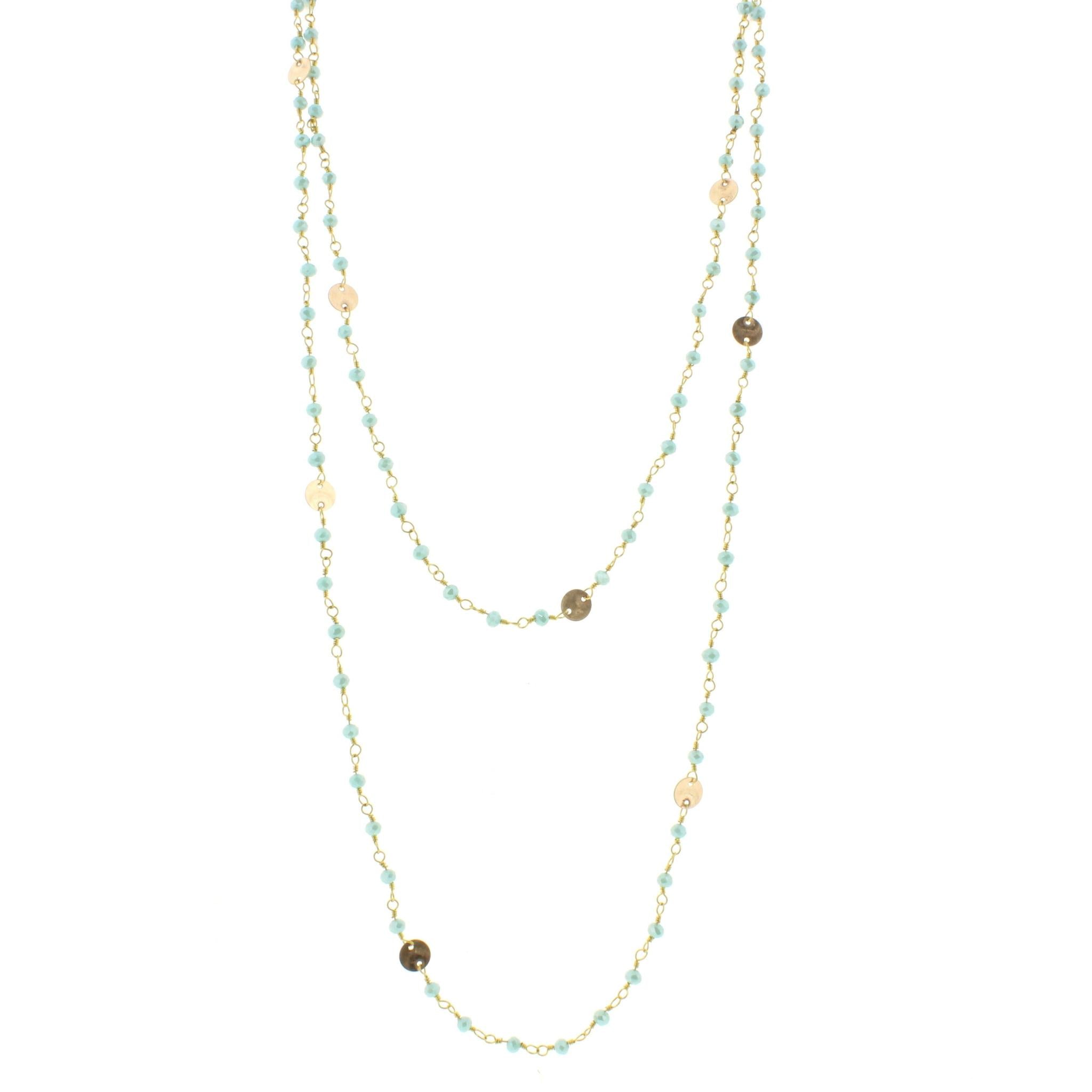 60" Blue Mint Wire Wrapped Link Necklace with Gold Disks and Lobster Claw