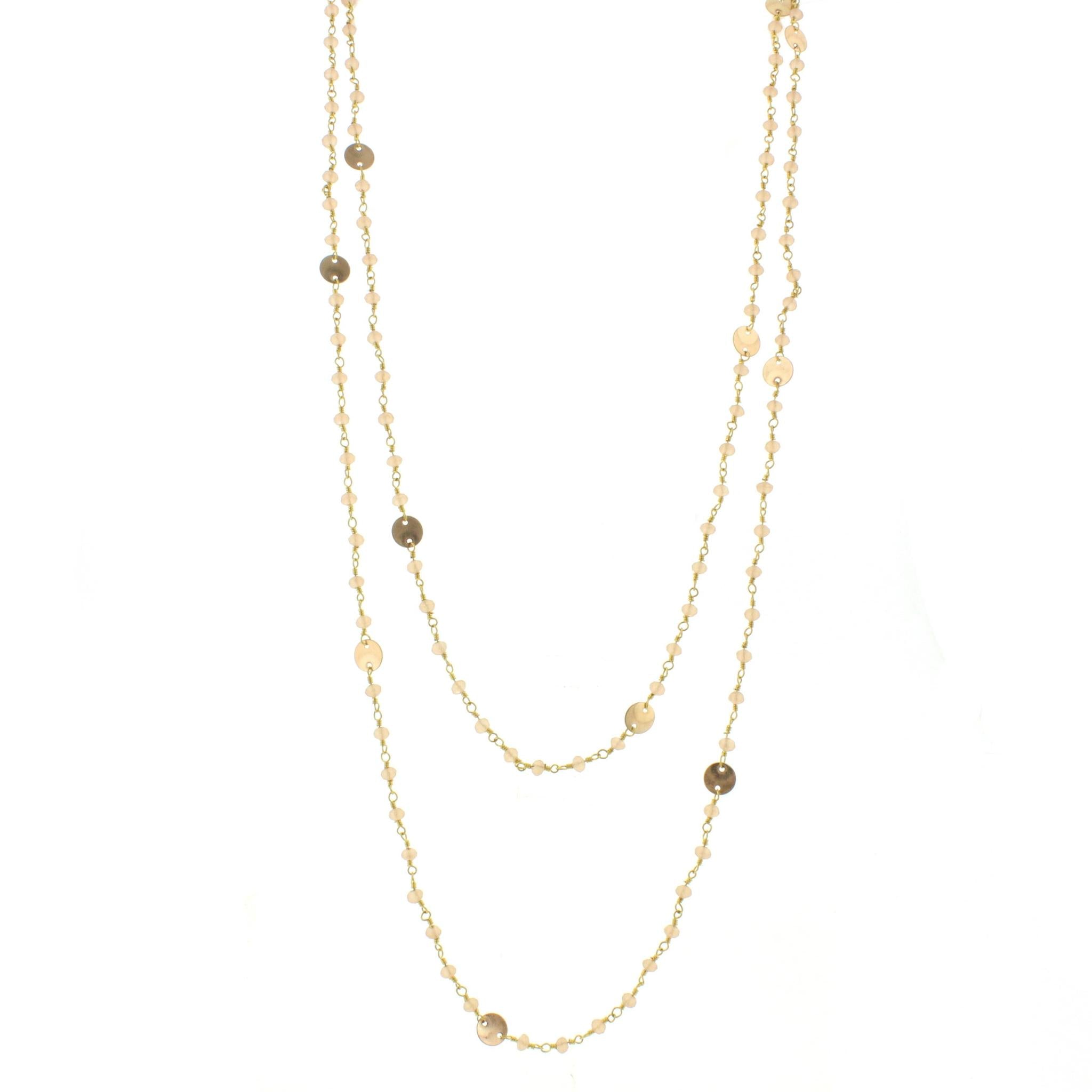60" Matte Champagne Wire Wrapped Link Necklace with Gold Disks and Lobster Claw