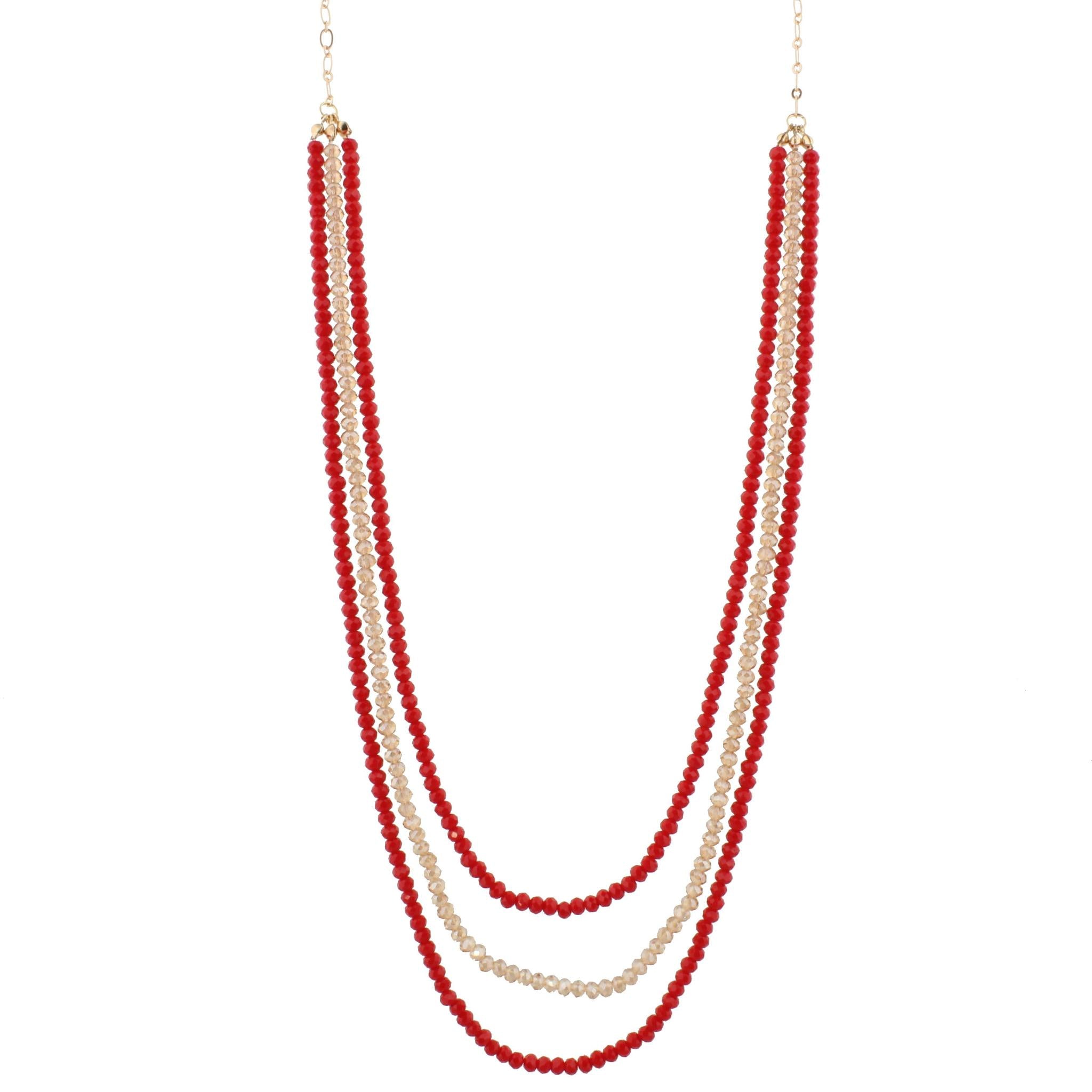 36" Red Multi Layer Beaded Necklace , 3" Ext