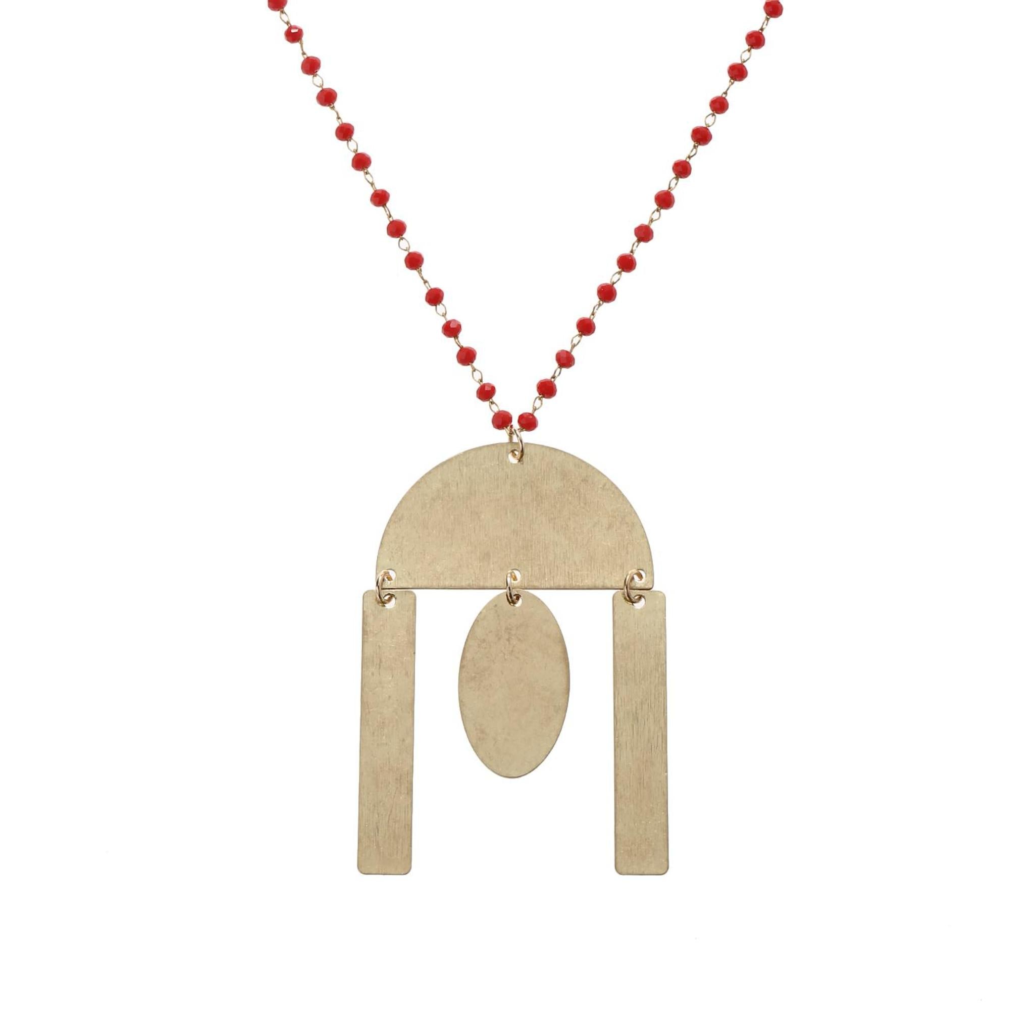32" Delicate Red Linked Necklace with Gold Semi Circle with Multi Shape Dangles, 3" Ext