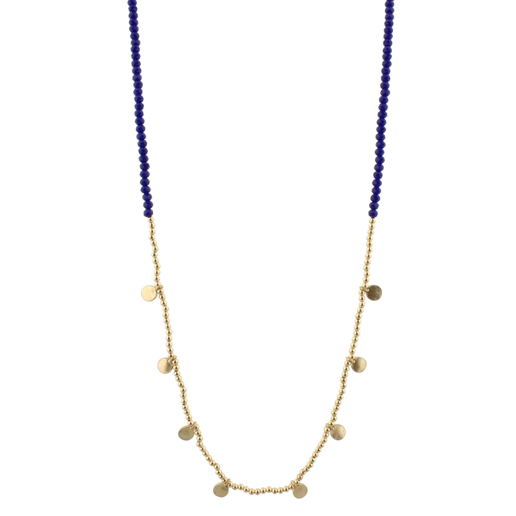 32" Royal Blue Beaded Necklace with Gold Bead and Gold Disks, 3" Ext