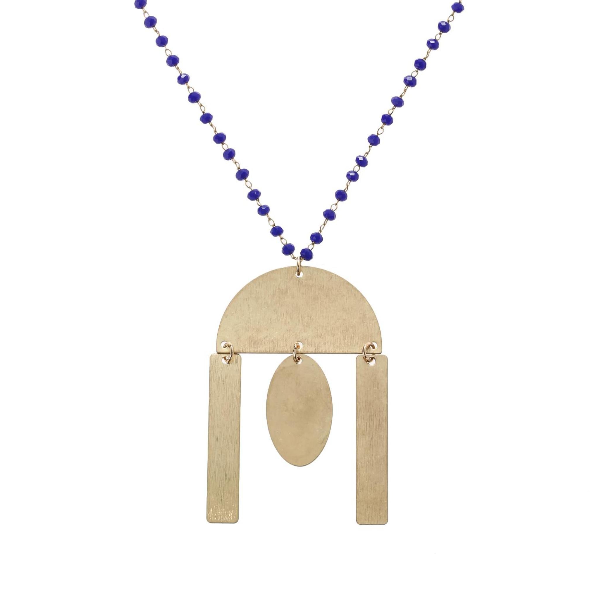 32" Delicate Royal Blue Linked Necklace with Gold Semi Circle with Multi Shape Dangles, 3" Ext