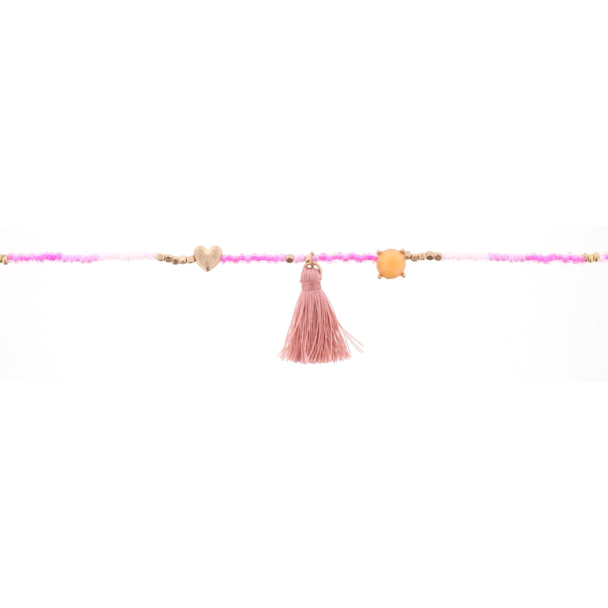 14" Kids Hot Pink, White Multi Beaded Body Necklace with Heart and Tassel, 3" Ext