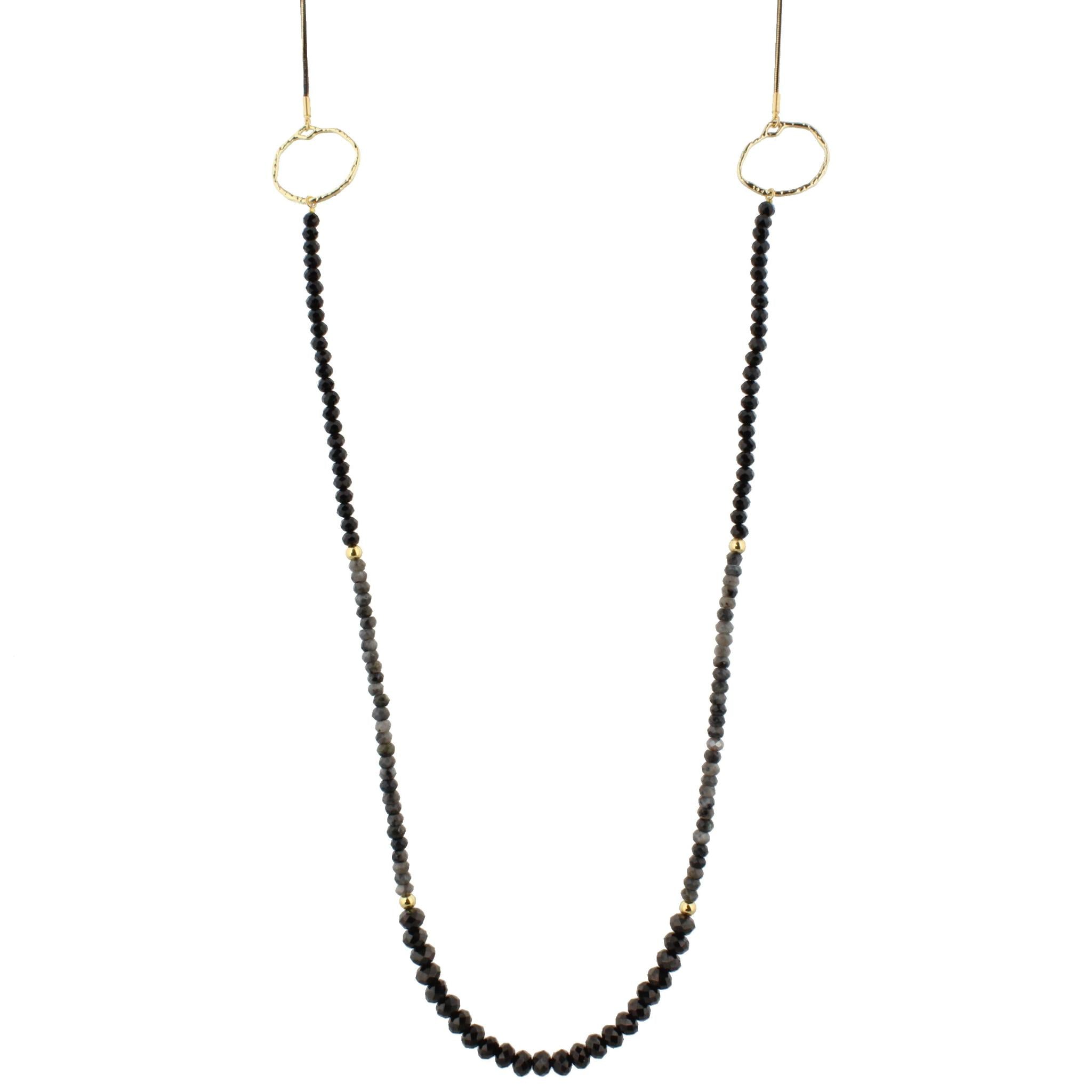 48" Jet and Labrodite Beaded Necklace with Round Stations