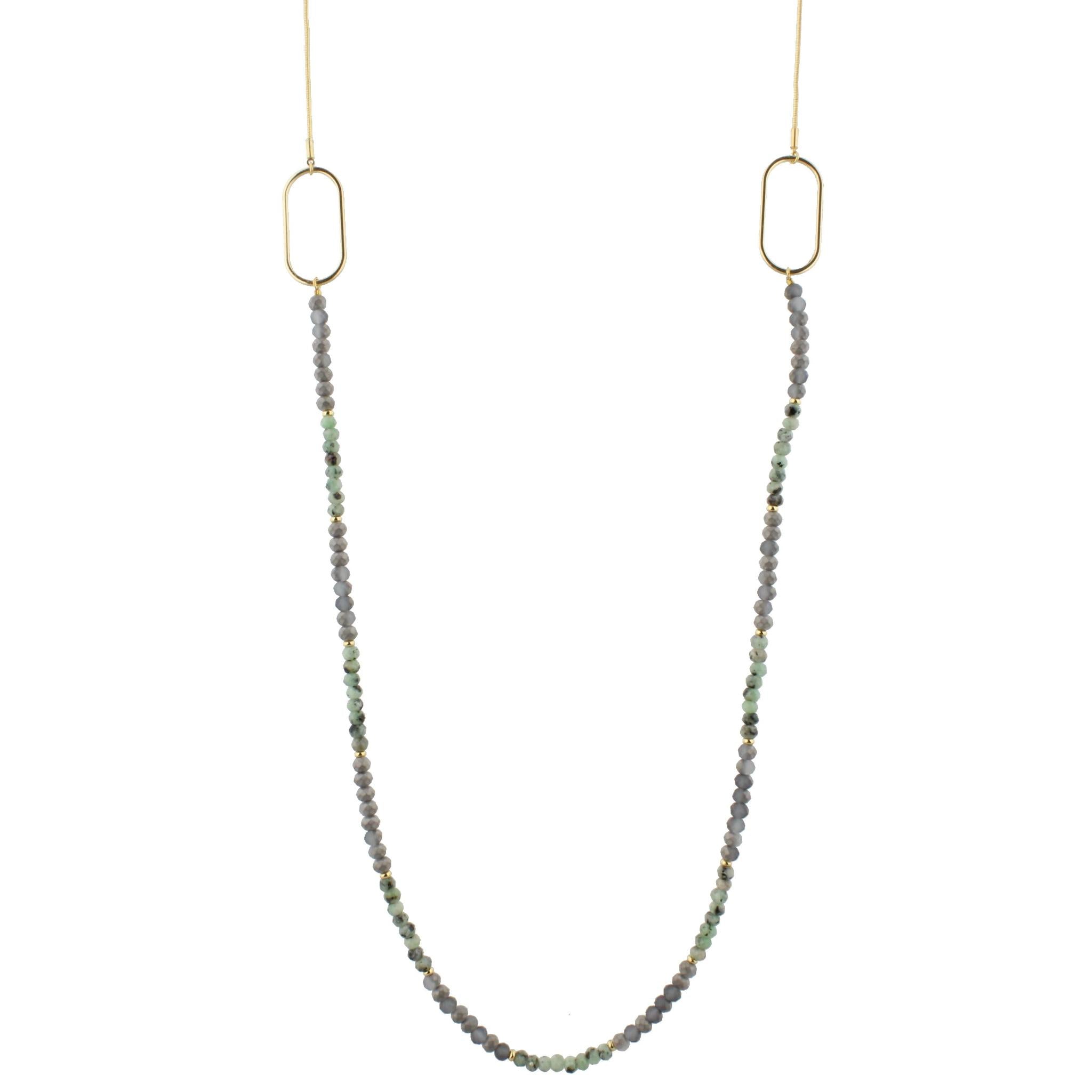 48" Matte Grey and Green Labrodite Beaded Necklace with Oval Stations