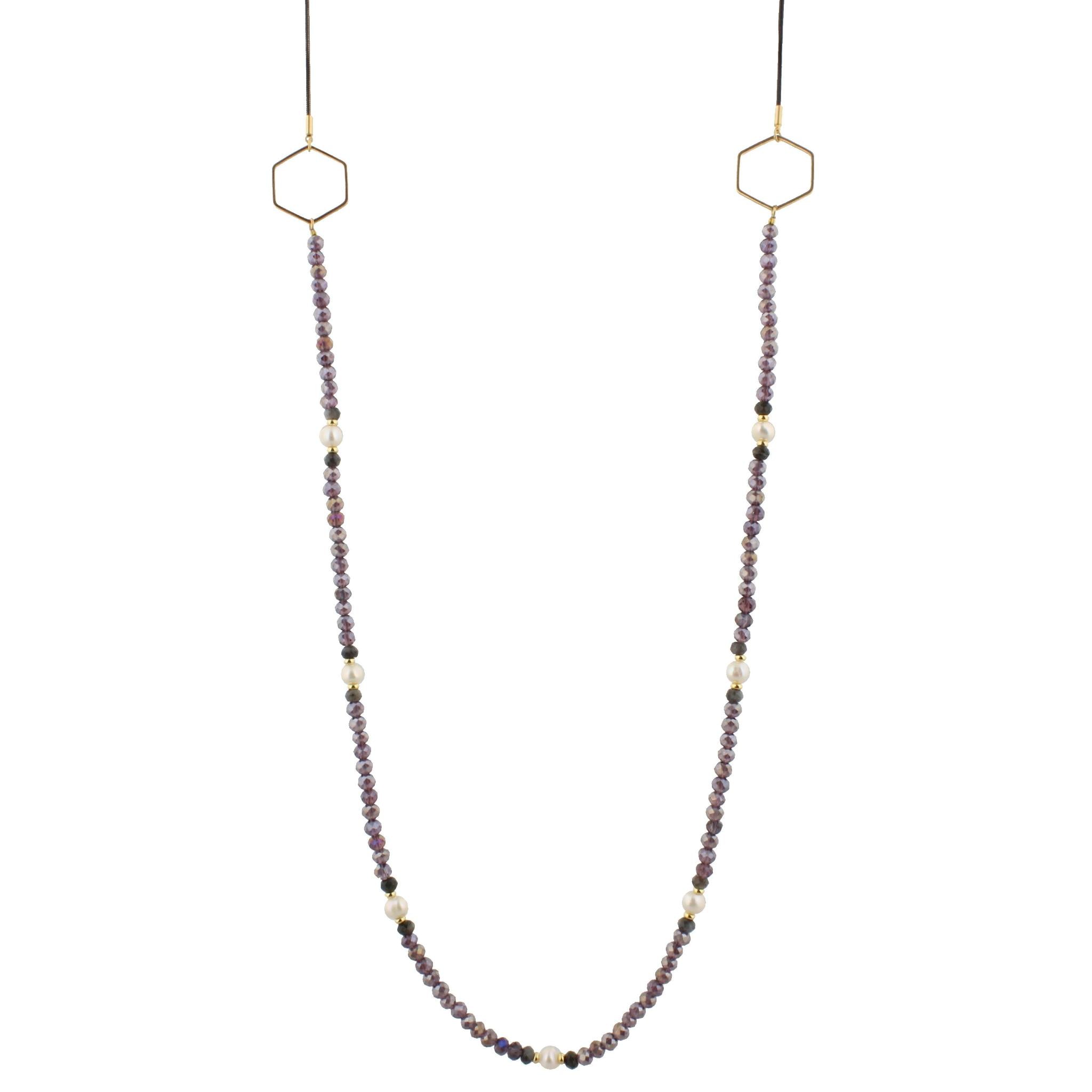 48" Purple, Freshwater Pearl and Labrodite Beaded Necklace with Hexagon Stations