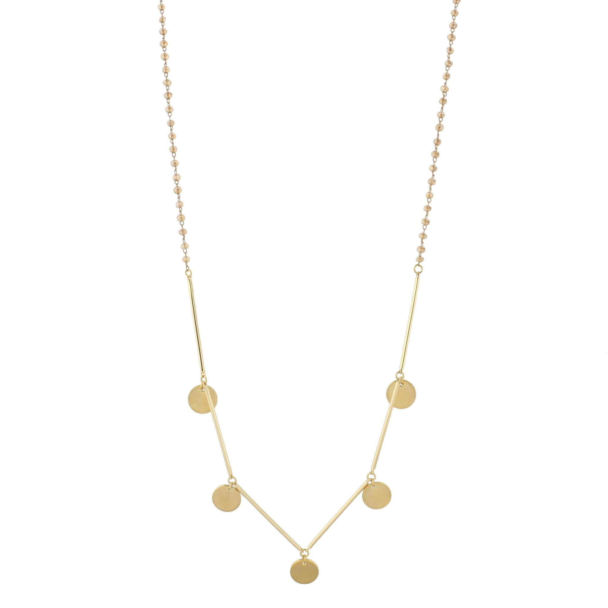 30" Delicate Champagne Beaded Necklace with Gold Metal Disk Accents, 3" Ext
