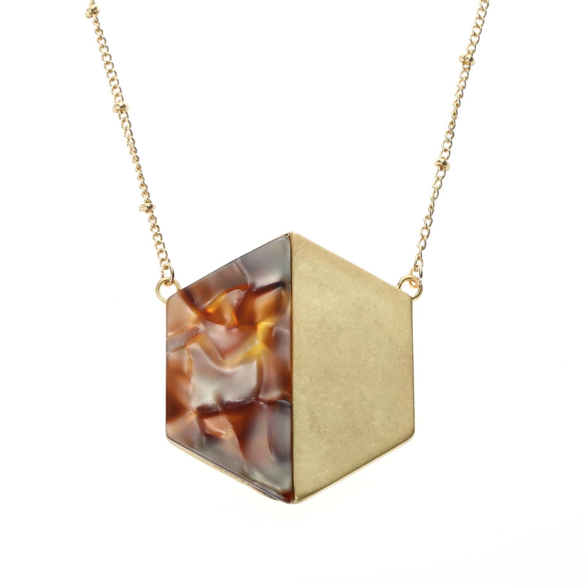 14" Chain Necklace with Half Multi Brown Resin Hexagon, 3" Ext