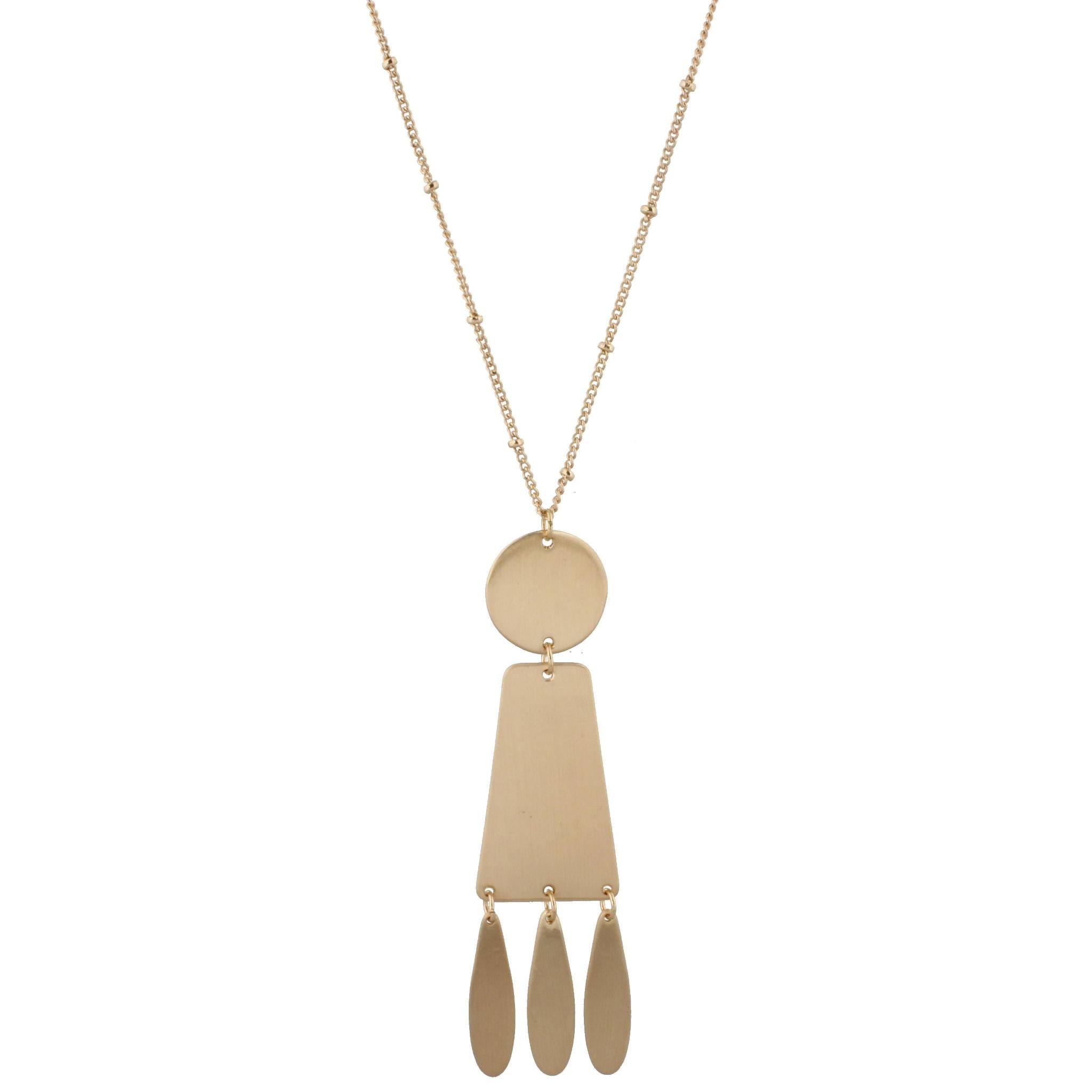 24" Adjustable Necklace with Two Sided, Brushed and Shiny, Gold Circle, Trapezoid, 3 Teardrop Dangles