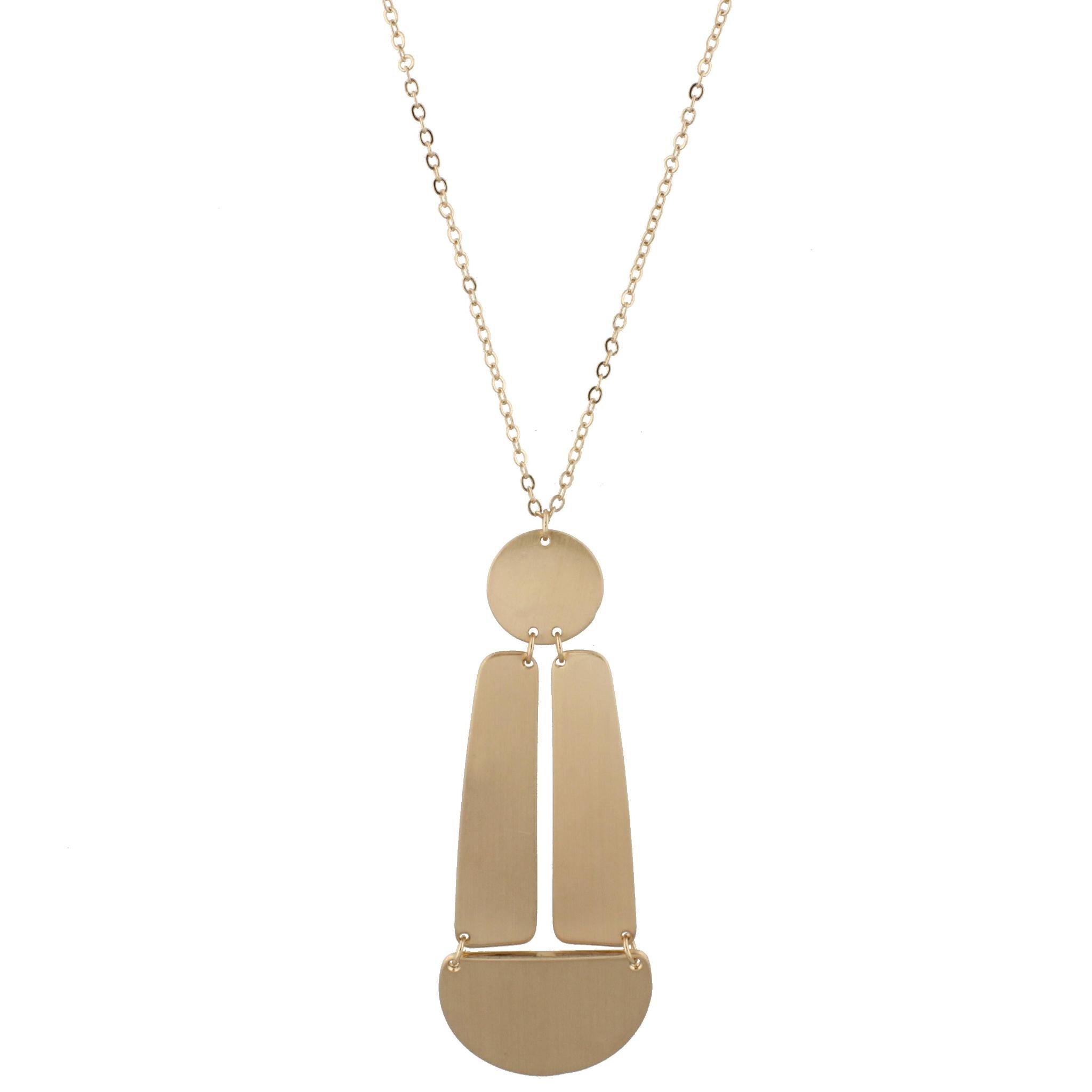 24" Adjustable Necklace with Two Sided, Brushed and Shiny, Gold Circle, Gold Rectangles, Gold Half Circle