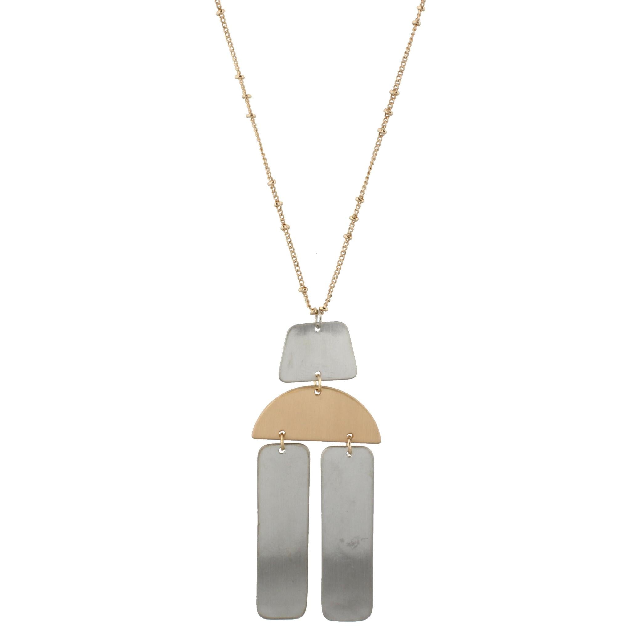 24" Adjustable Necklace with Two Sided, Brushed and Shiny, Silver Trapezoid, Gold Half Circle, Silver Two Rectangles