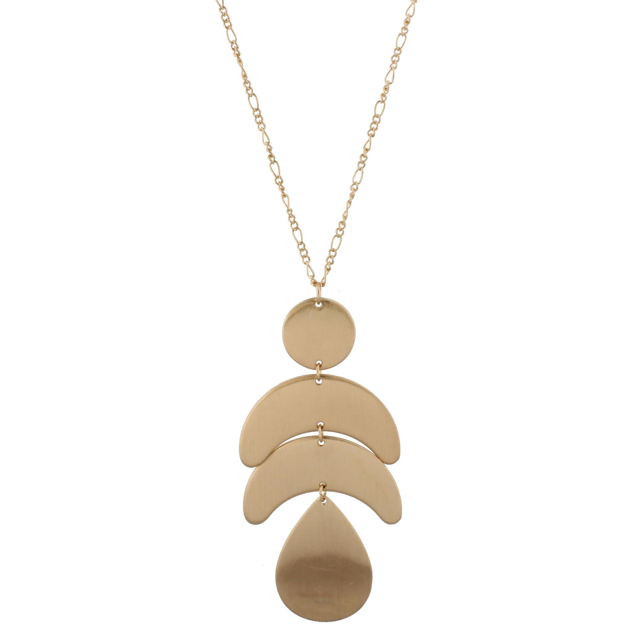 24" Adjustable Necklace with Two Sided, Brushed and Shiny, Gold Circle, Two Gold Crescents, GOld Teardrop