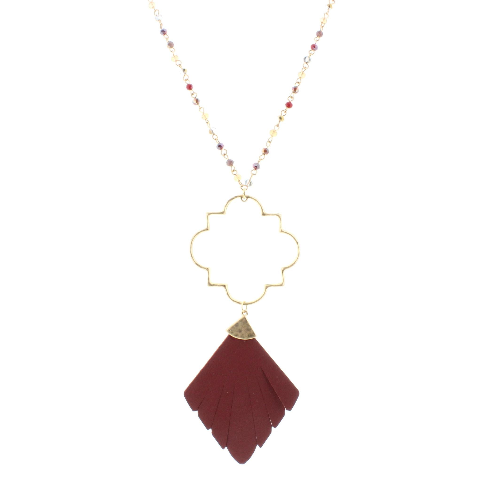 32" Multi Linked Necklace with Ornate and Maroon Leather Pendant, 3" Ext