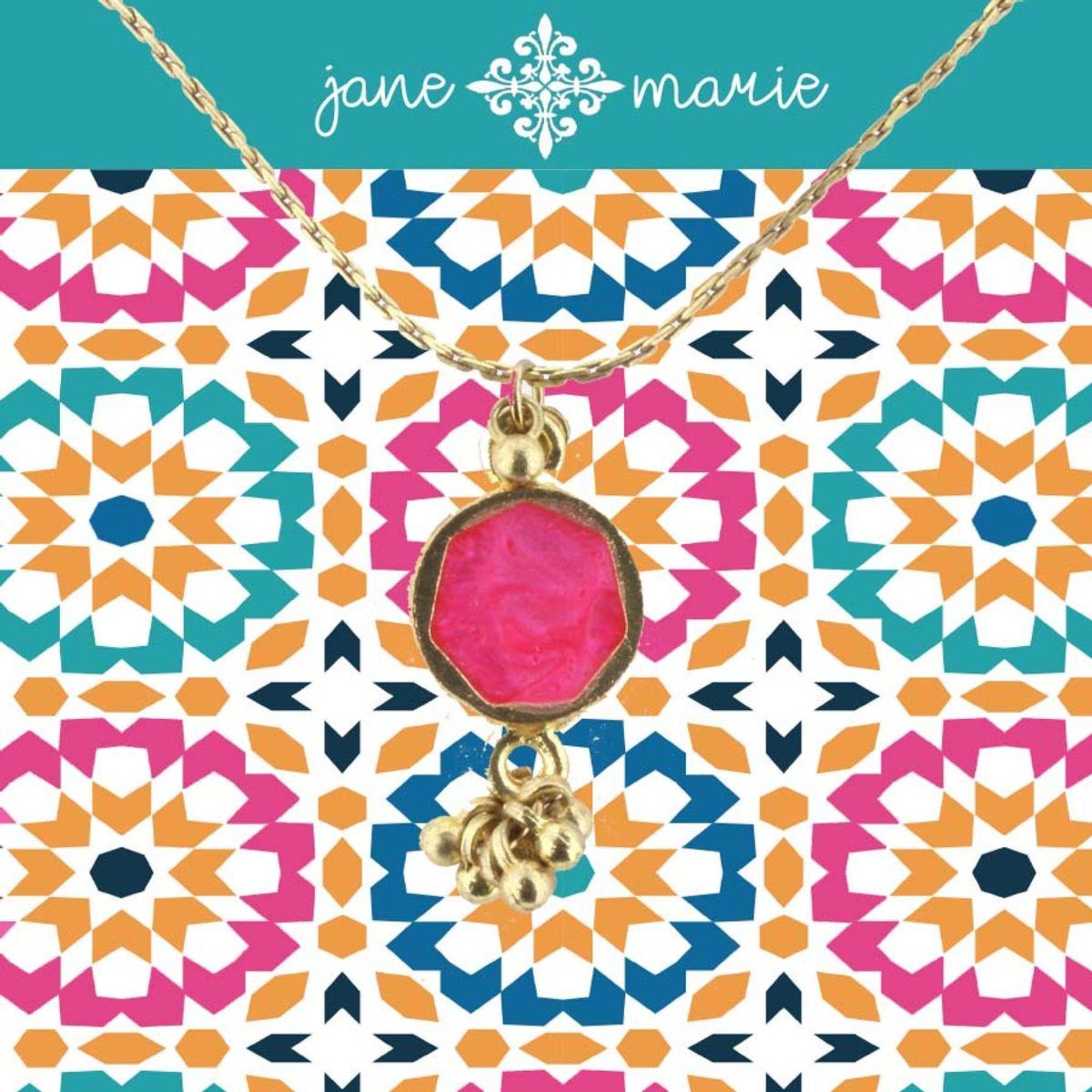 16" Hot Pink Sun Stone Necklace with Gold Dangles, 3" Ext