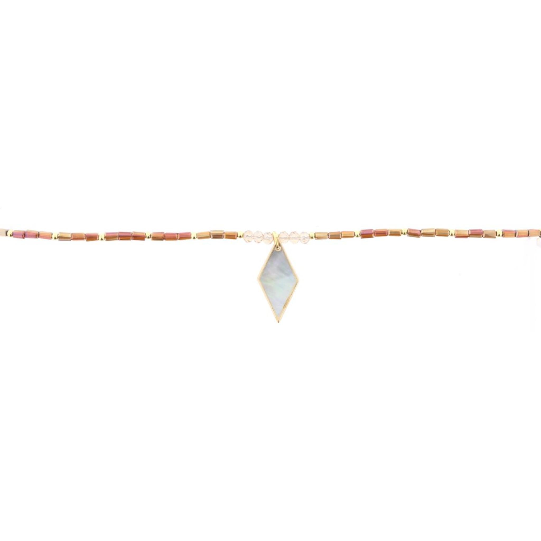 16" Brown Beaded Necklace with Shell Diamond, 3" Ext