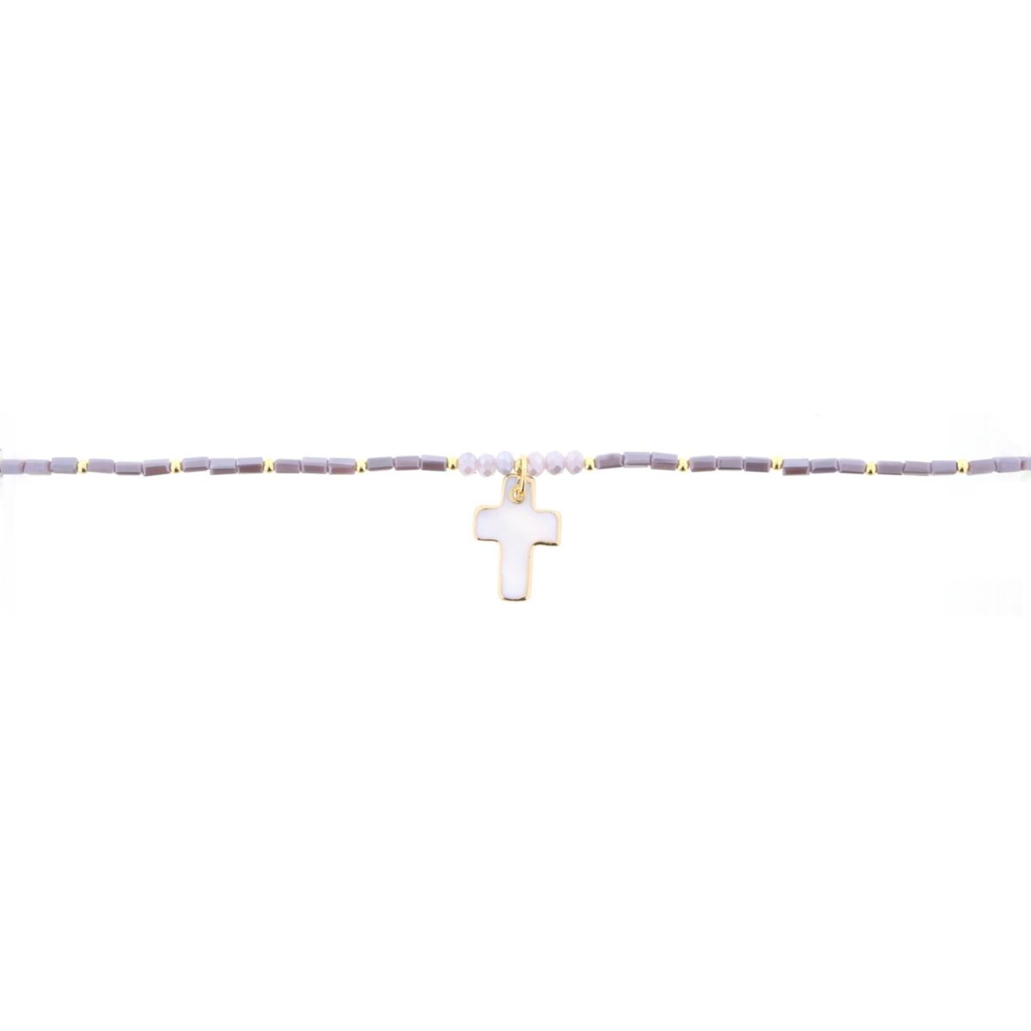16" Lavender Beaded Necklace with Shell Cross, 3" Ext