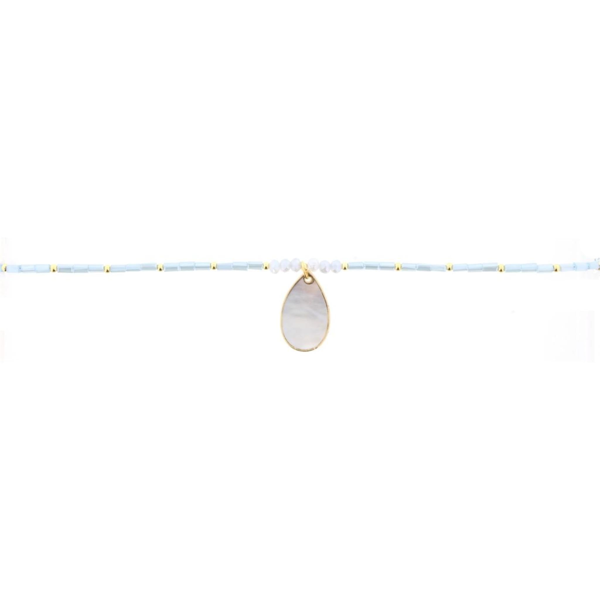 16" Light Blue Beaded Necklace with Shell Teardrop, 3" Ext