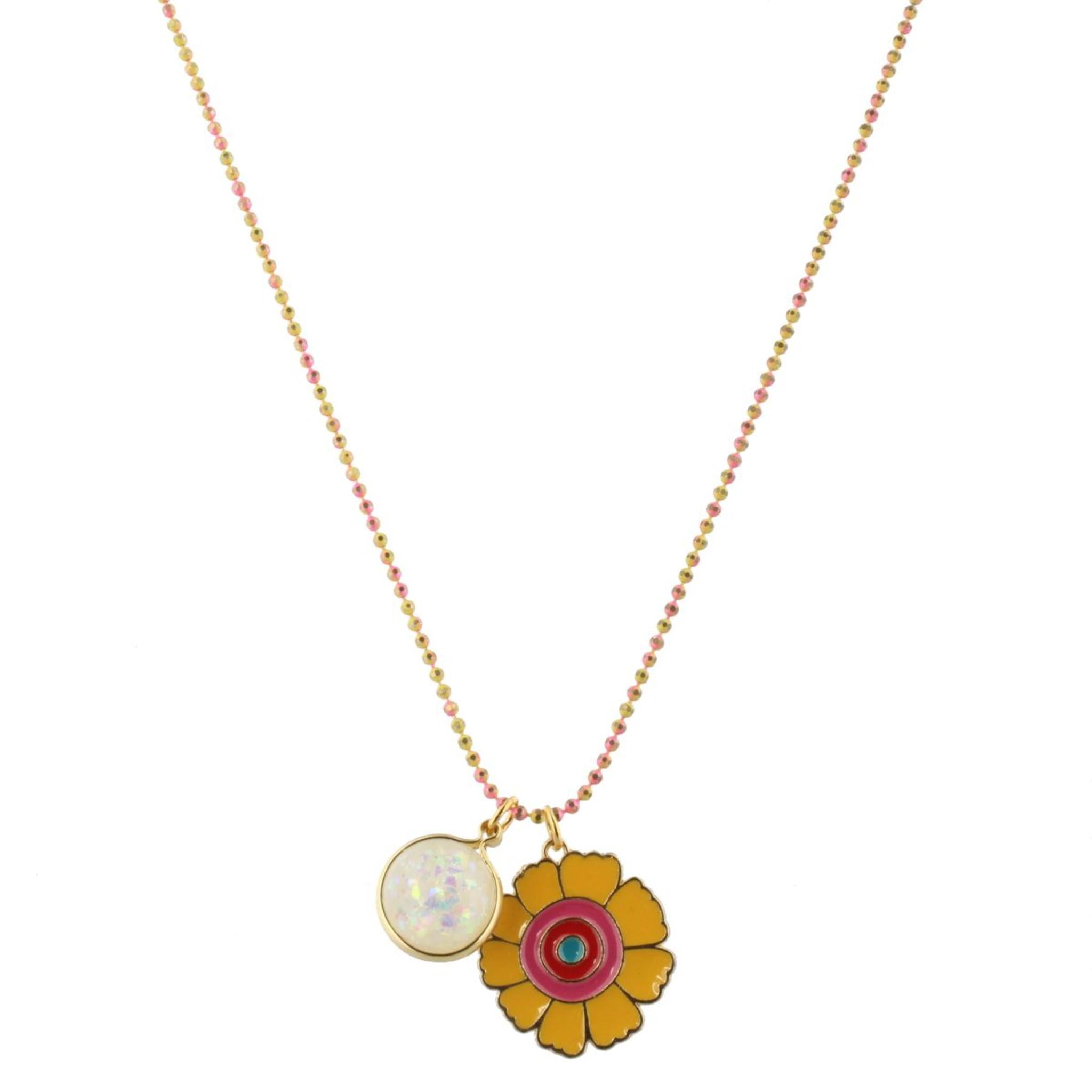 16" Kids Colored Pink/Yellow Chain Necklace with White Glitter Resin & Flower Charms, 3" Ext