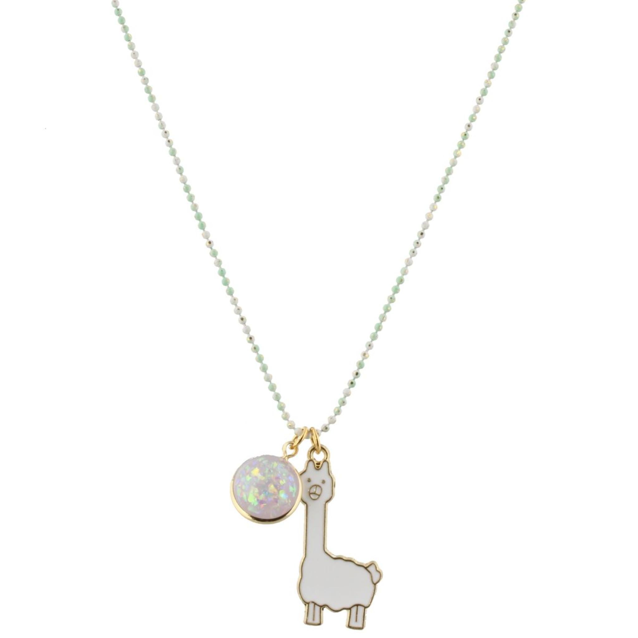 16" Kids Colored Mint/White Chain Necklace with Purple Glitter Resin & Llama Charms, 3" Ext