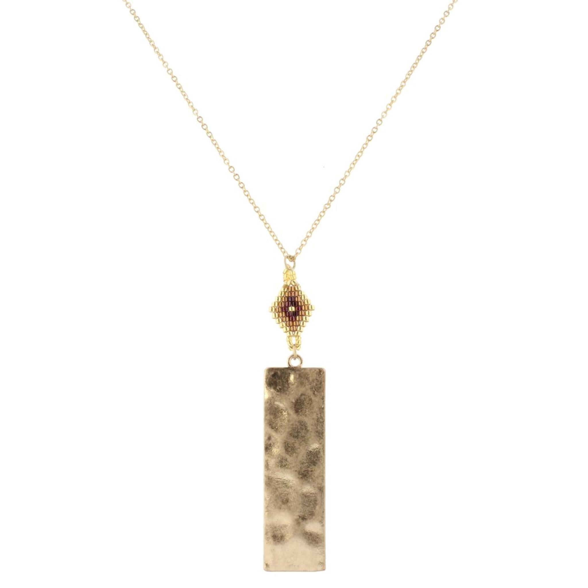 30" Gold Chain Necklace with Purple. Gold, Copper Pendant with Gold Rectangle, 3" Ext
