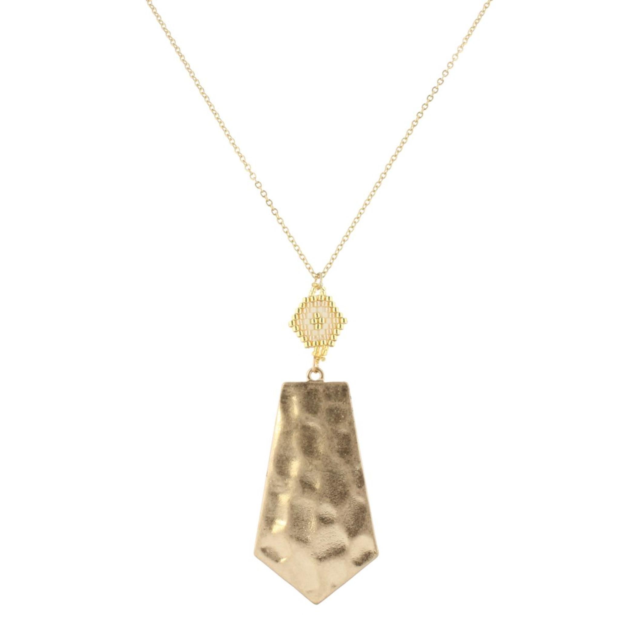 30" Gold Chain Necklace with Gold, Ivory, Champagne Pendant with Gold Rhombus, 3" Ext
