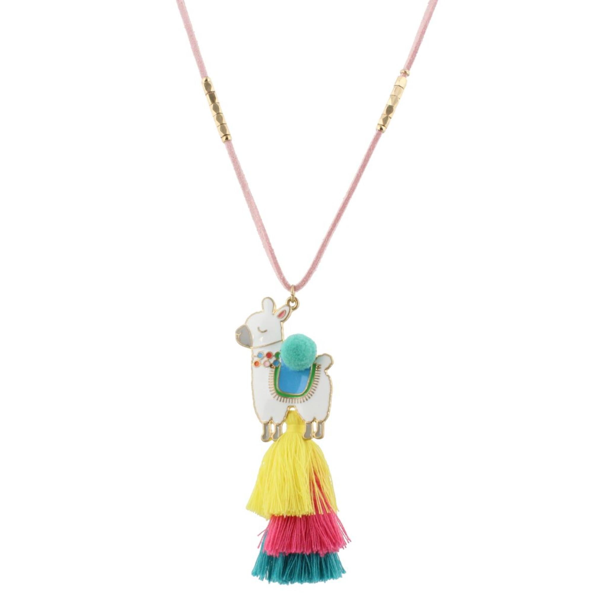 16" Kids Light Pink Suede Necklace with Llama Icon & Yellow, Pink, Blue Tassel, 3" Ext