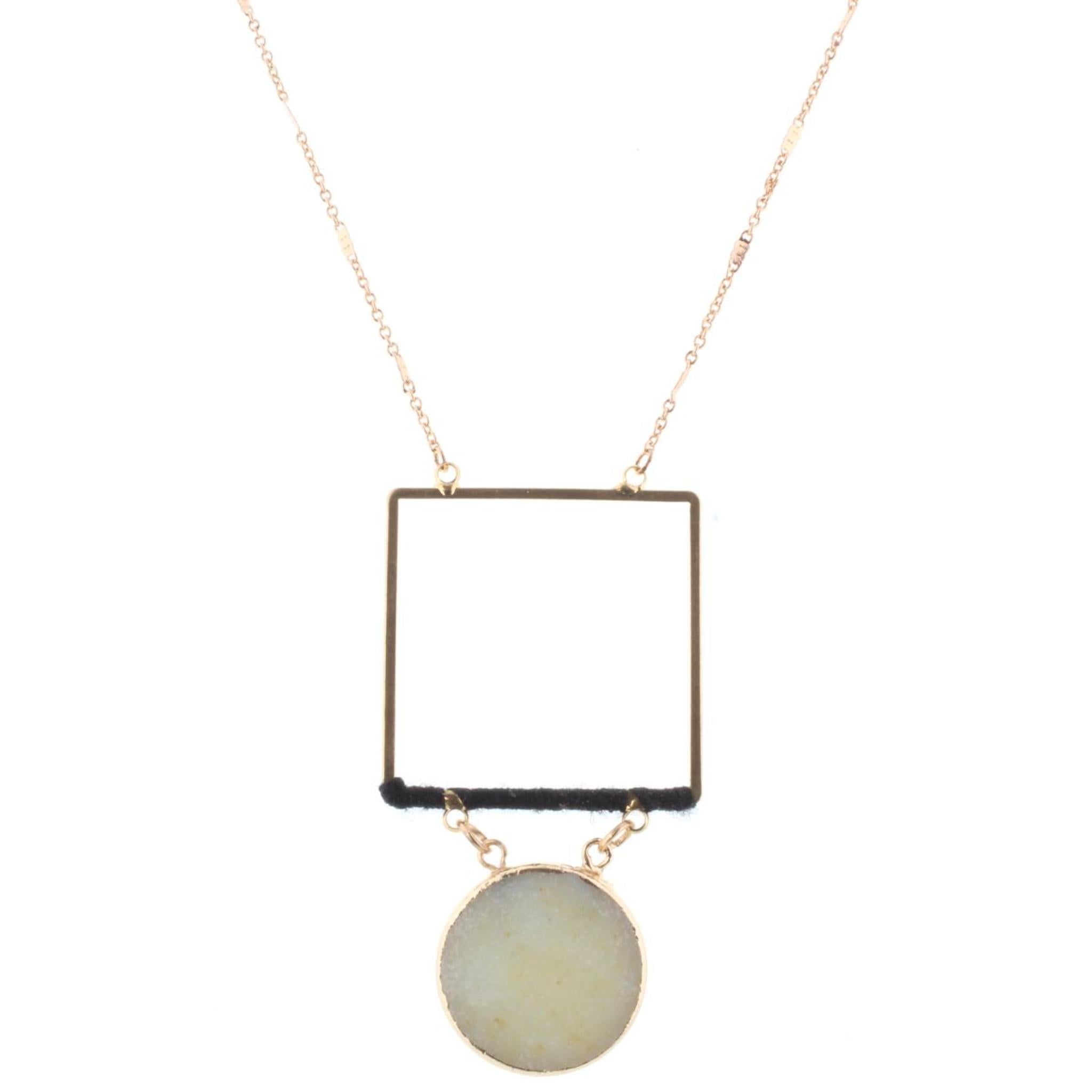 32" Gold Chain Necklace with Jet Wrapped Square with Amazonite Stone Circle, 3" Ext