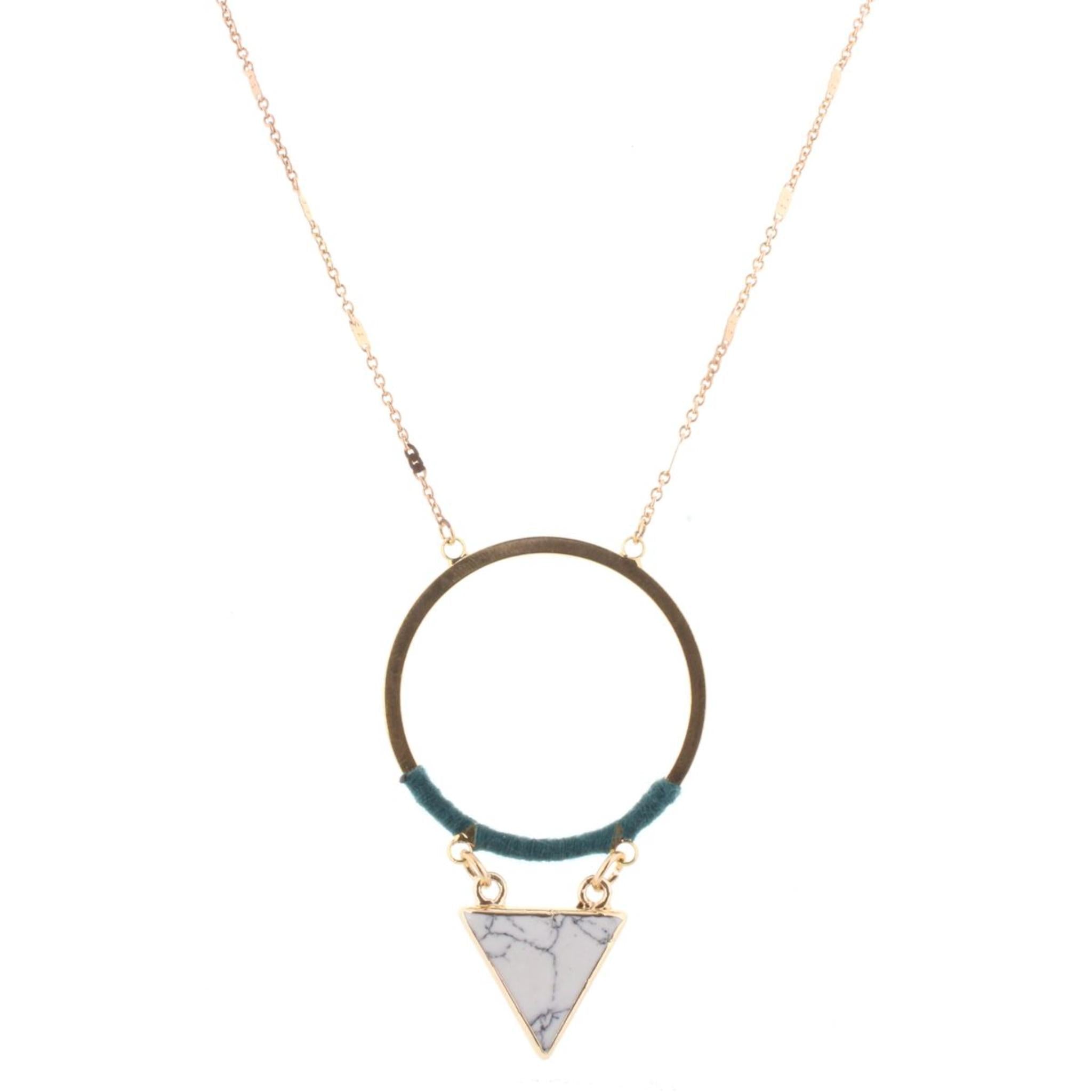 32" Gold Chain Necklace with Teal Wrapped Circle with Howlite Stone Triangle, 3" Ext