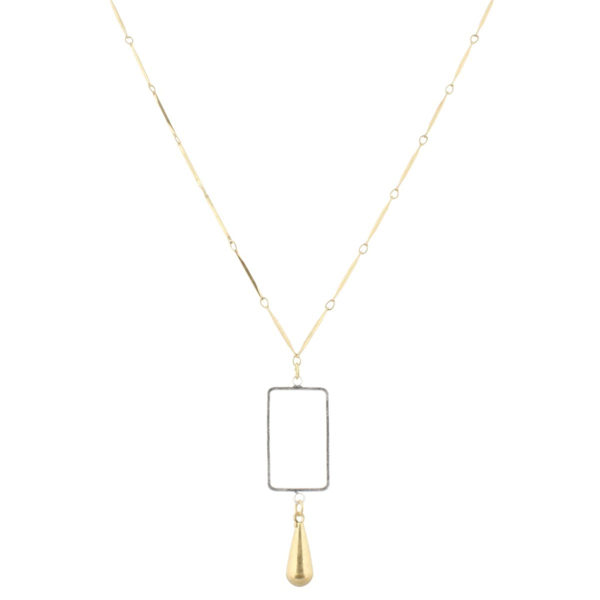 32" Gold Bar Link Chain Necklace with SIlver Rectangle & Gold Weight, 3" Ext