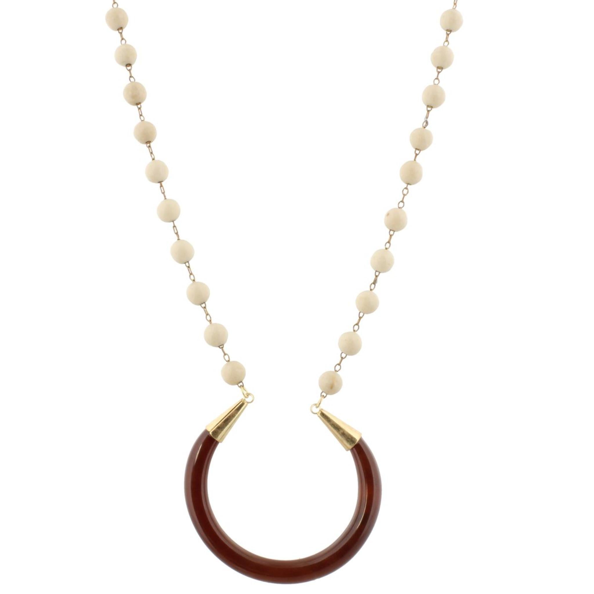 32" Natural Stone Linked with Brown Crescent Necklace, 3" Ext