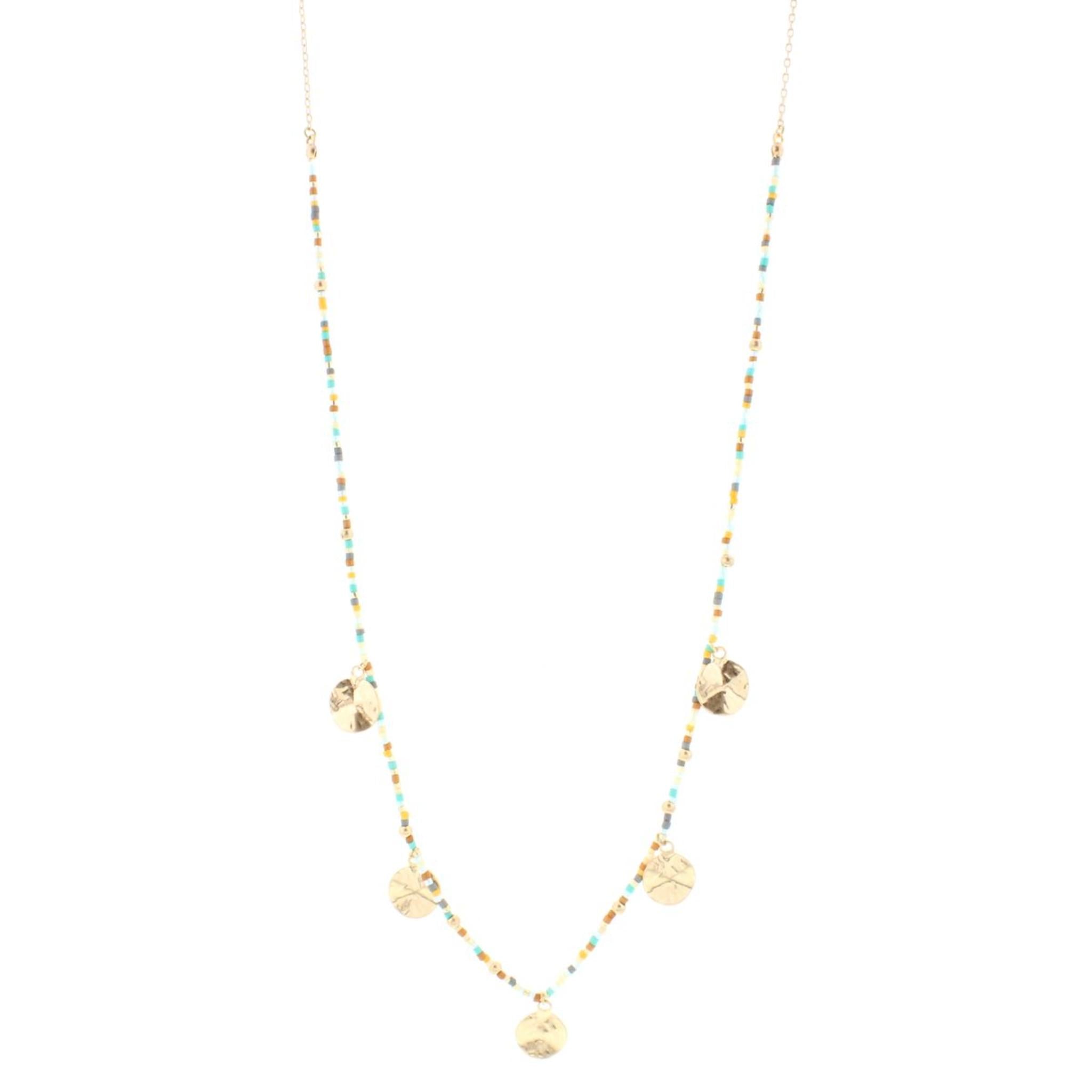 32" Amazonite Colored Delicate Necklace 1/2 Beaded with Gold Disks,3" Ext