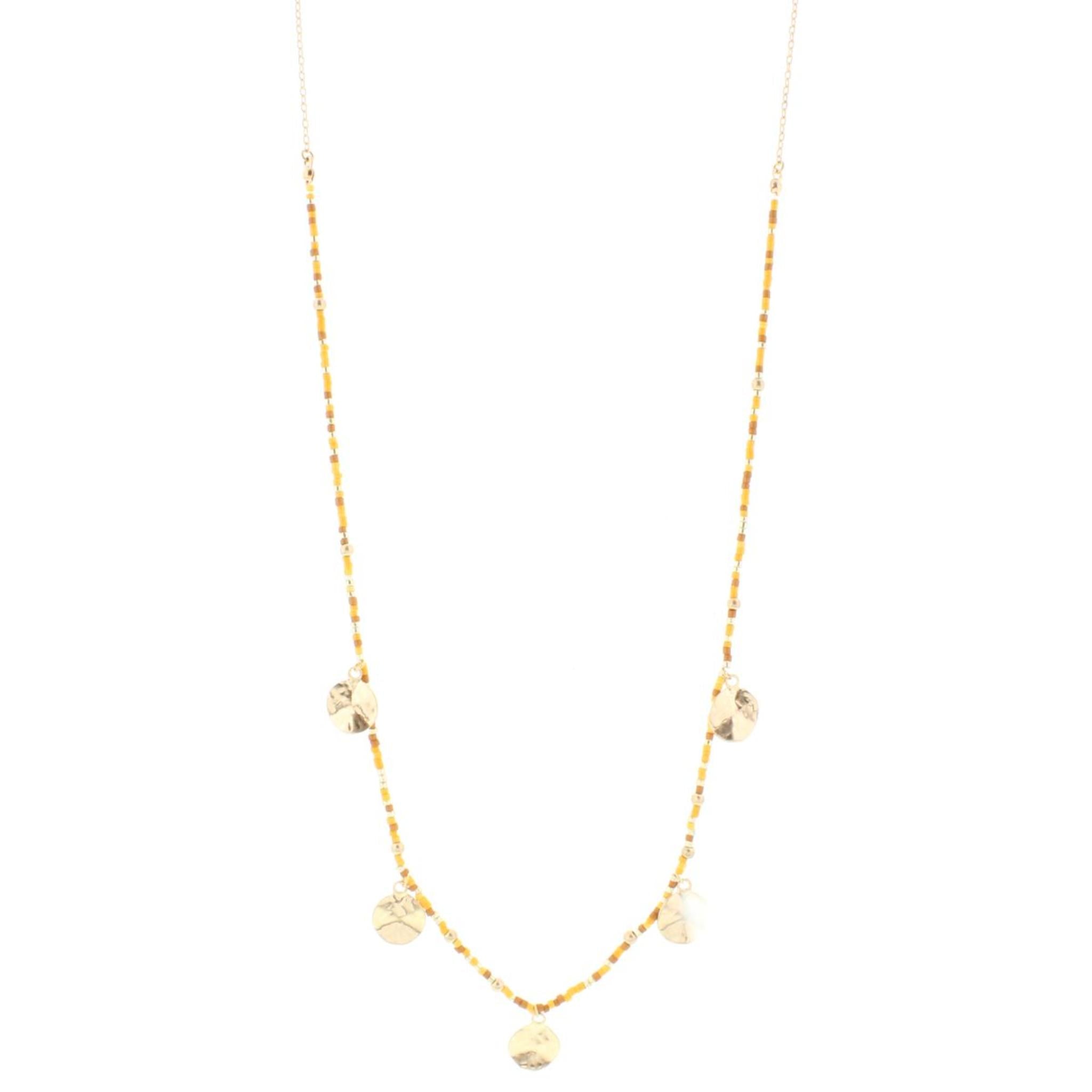 32" Mustard Delicate Necklace 1/2 Beaded with Gold Disks, 3" Ext