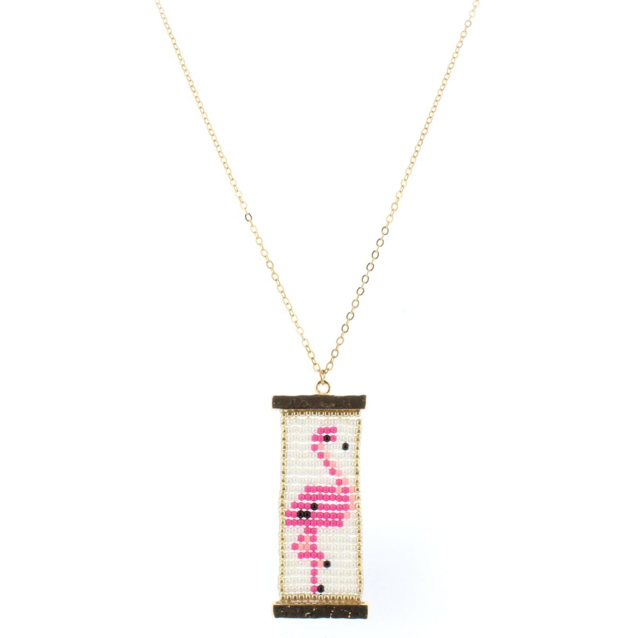 32" Gold Chain Necklace with Beaded Flamingo Pendant, 3" Ext