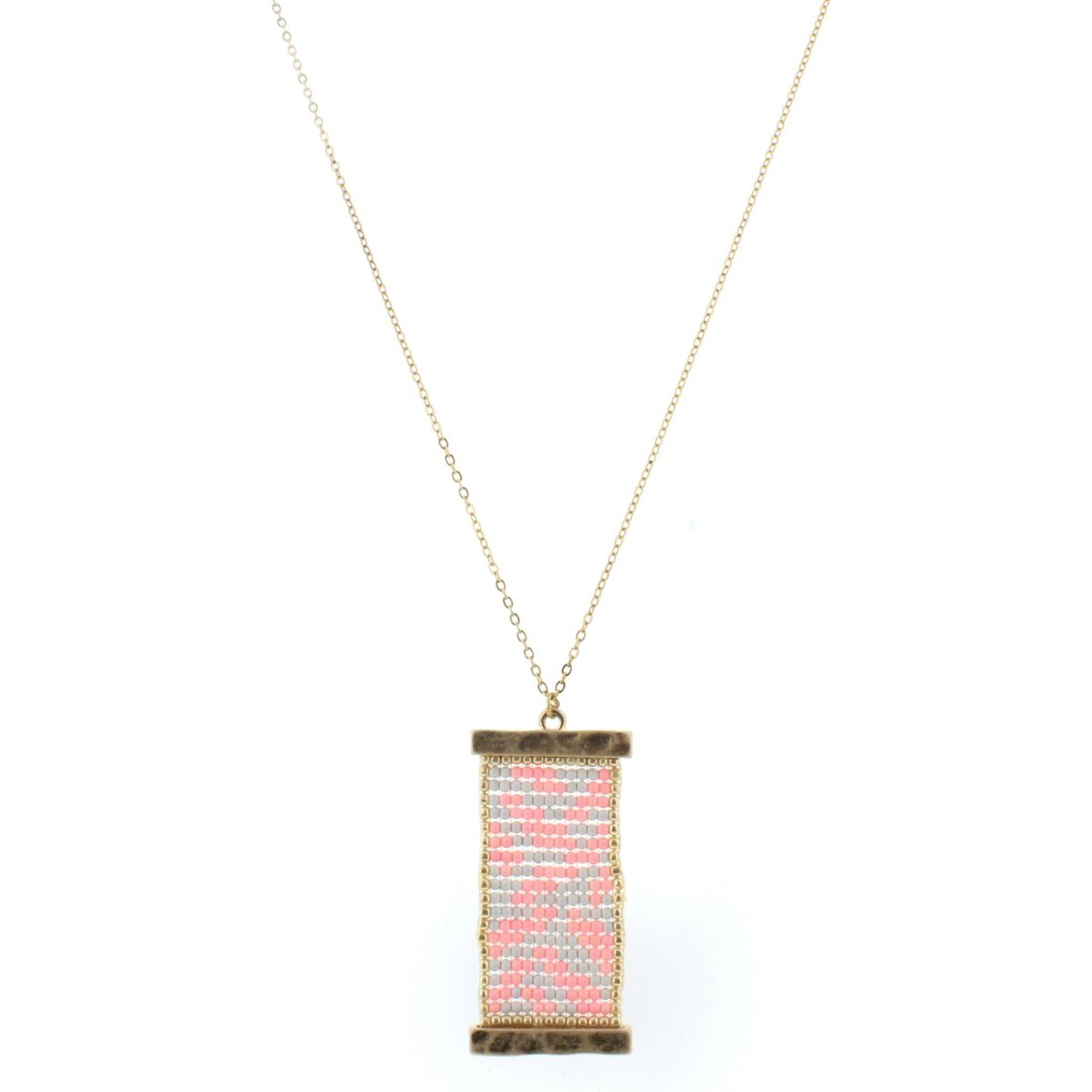 32" Gold Chain Necklace with Pink & Grey Beaded Pendant, 3" Ext