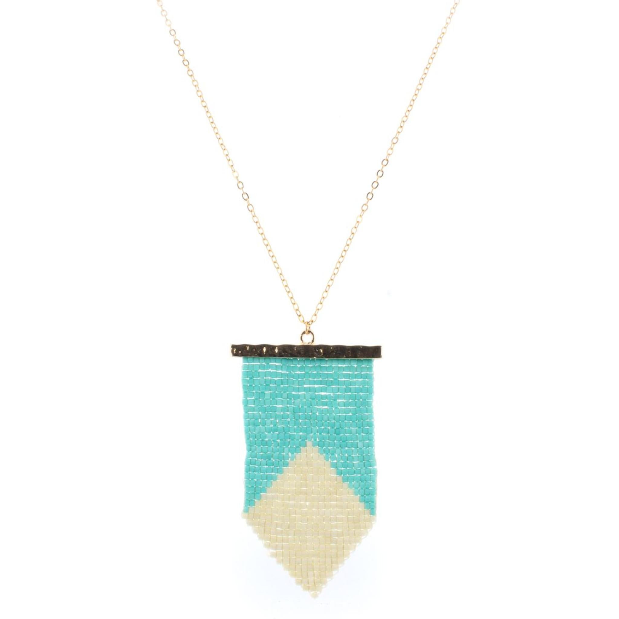 32" Gold Chain Necklace with Turquoise & Cream Beaded Shield, 3" Ext