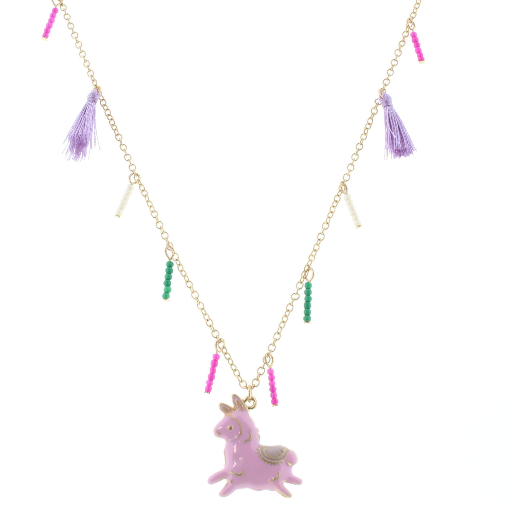 16" Kids Gold Chain Necklace with Beaded Fringe, Lavender Tassels, and Llama Charm, 3" Ext