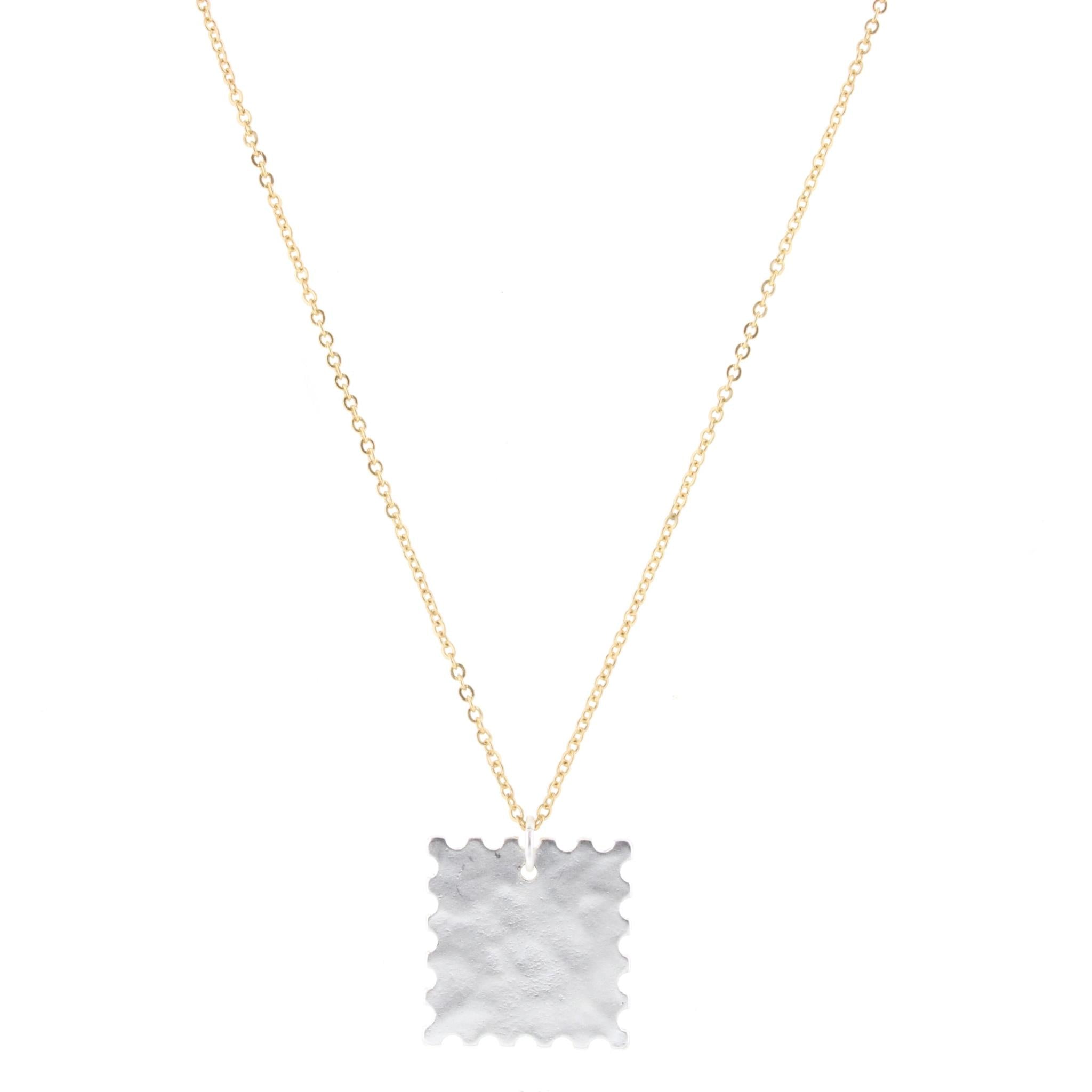 28" Gold Chain Necklace with Scalloped Edge Silver Square