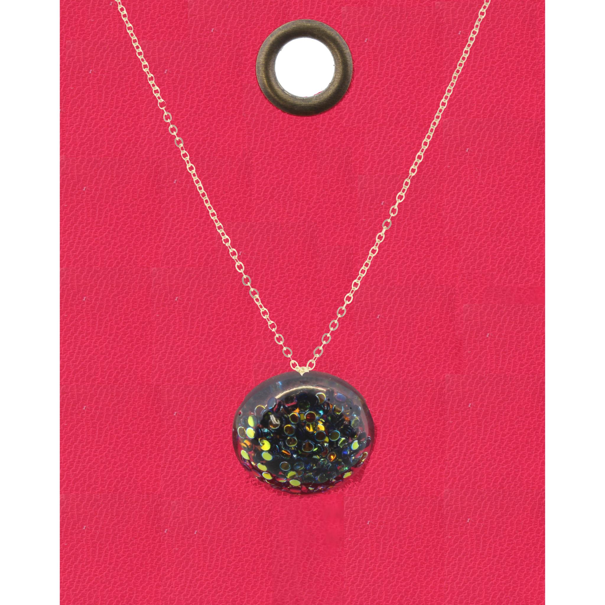 16" Gold Chain Necklace with Black and Gold Confetti Circle, 3" Ext