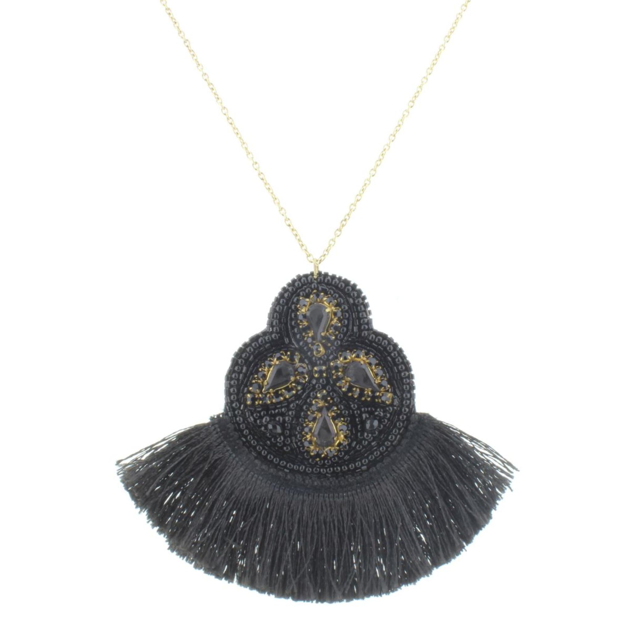30" Jet Beaded Shape with Jet Tassel Necklace, 3" Ext