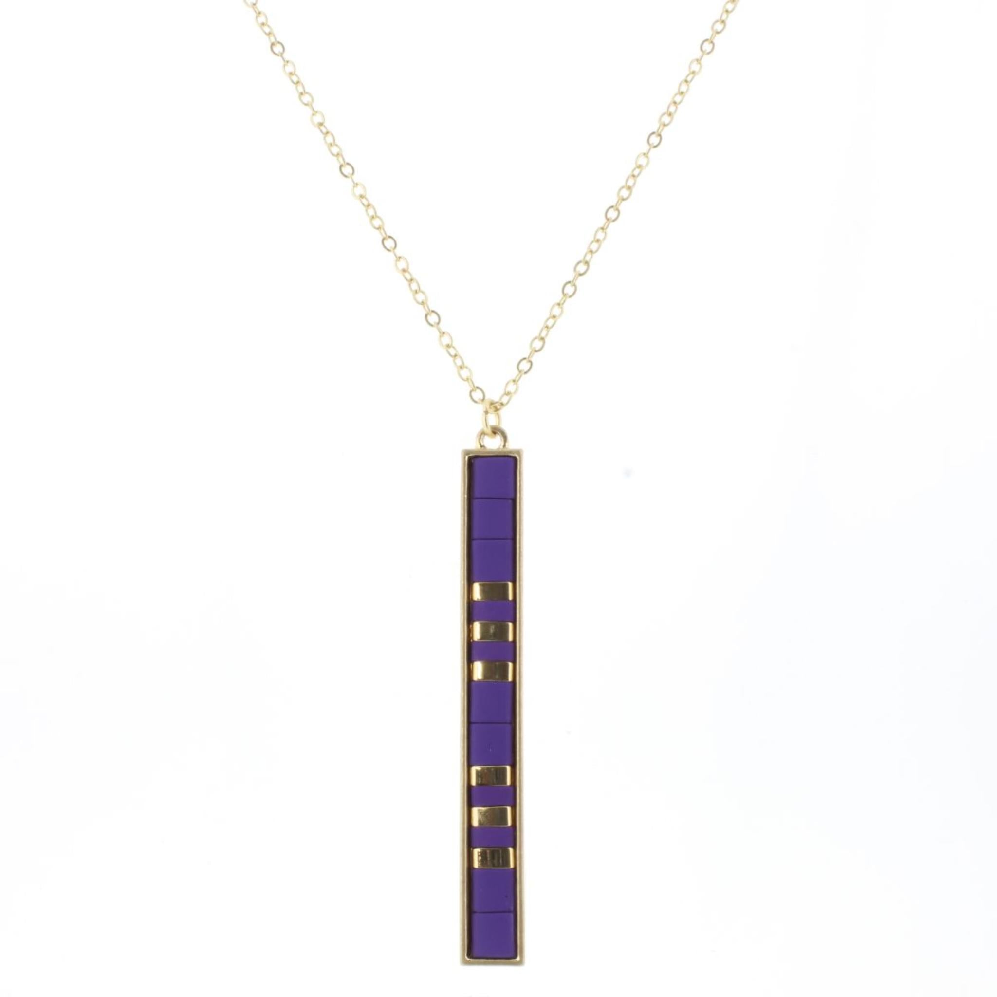 30" Purple, Gold Tila Beaded Bar Necklace, 3" Ext
